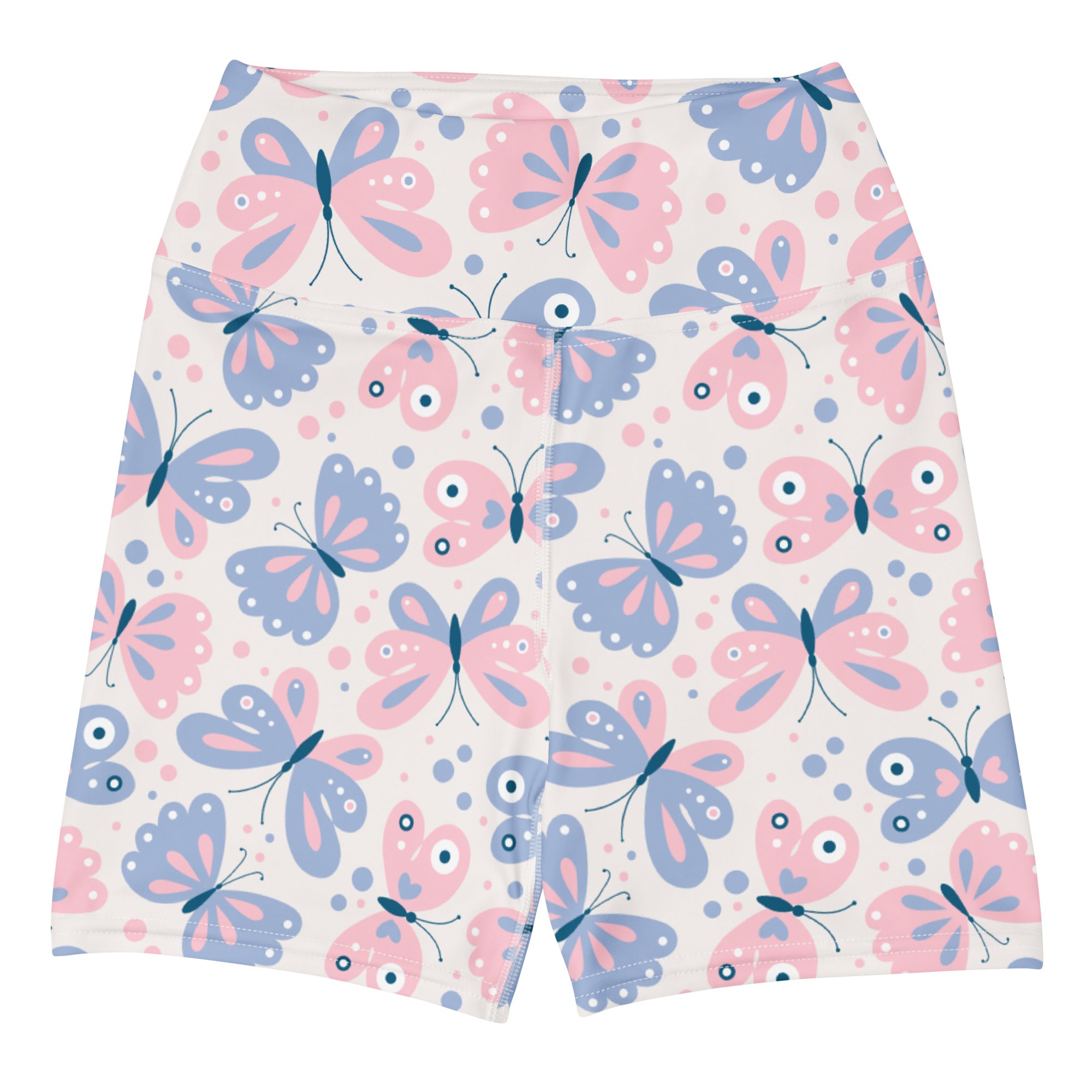 Women’s butterfly print yoga shorts high waisted buttery soft active pants with vibrant pink and blue butterflies on cream