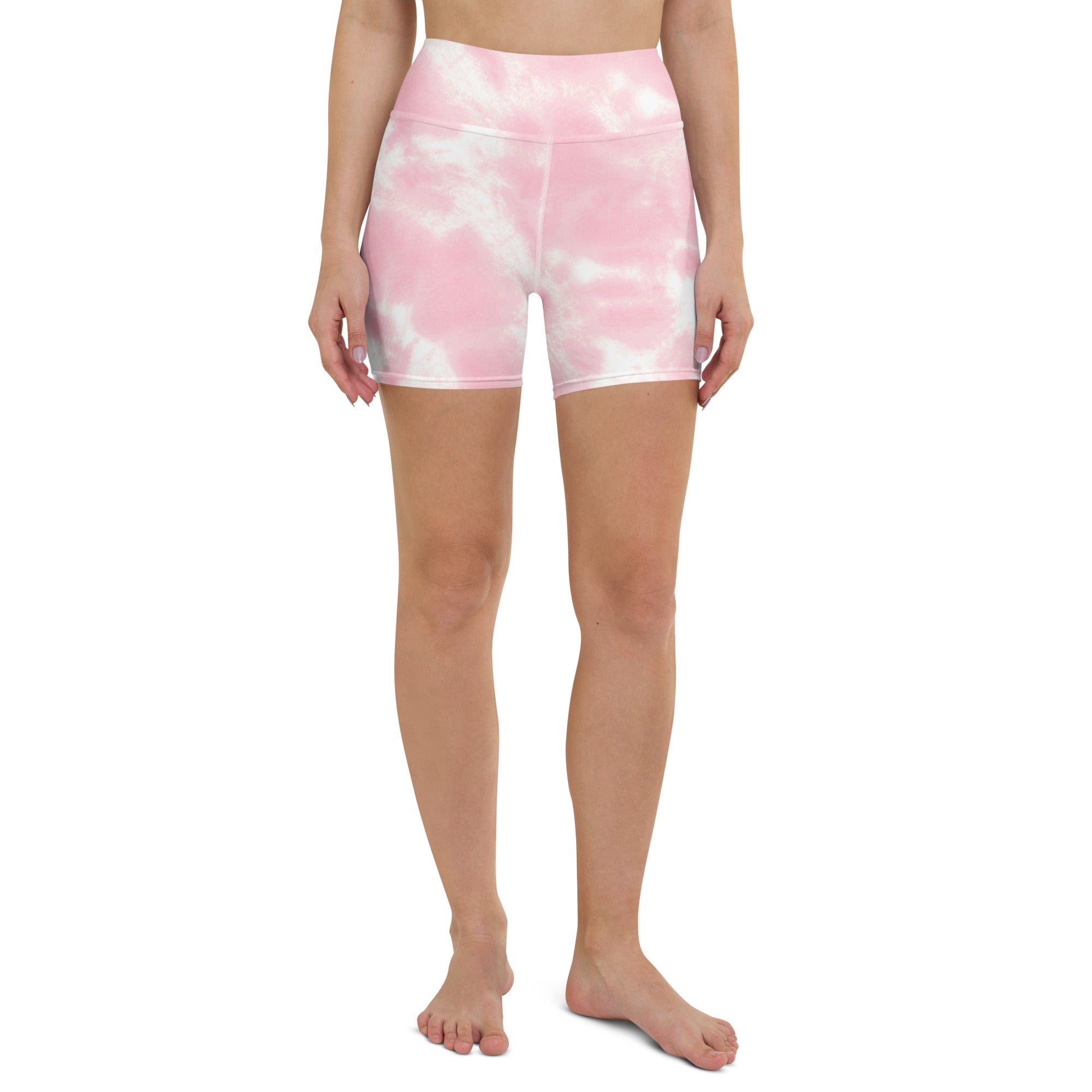 Women’s pink and white tie dye high waisted buttery soft bike shorts ideal for yoga and activewear