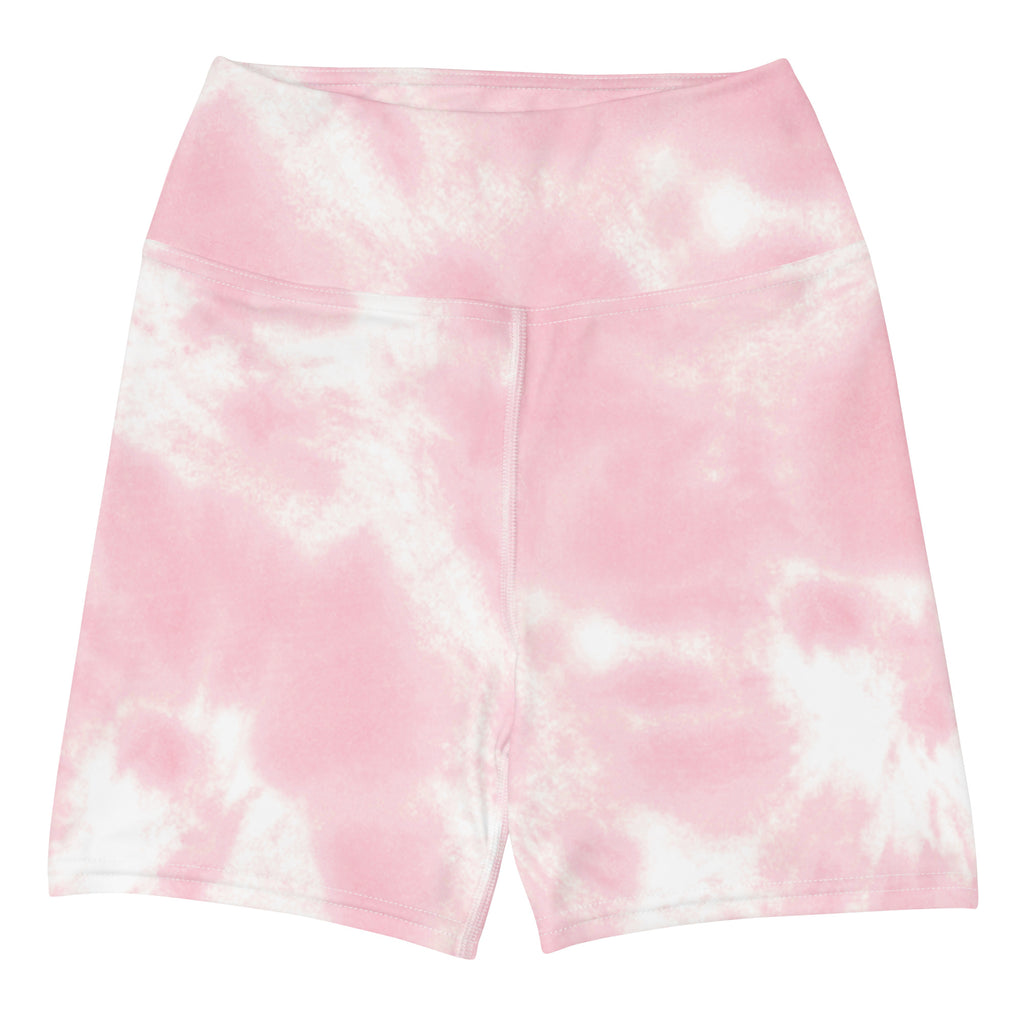Women’s pink and white tie dye high waisted buttery soft bike shorts perfect for yoga and active wear