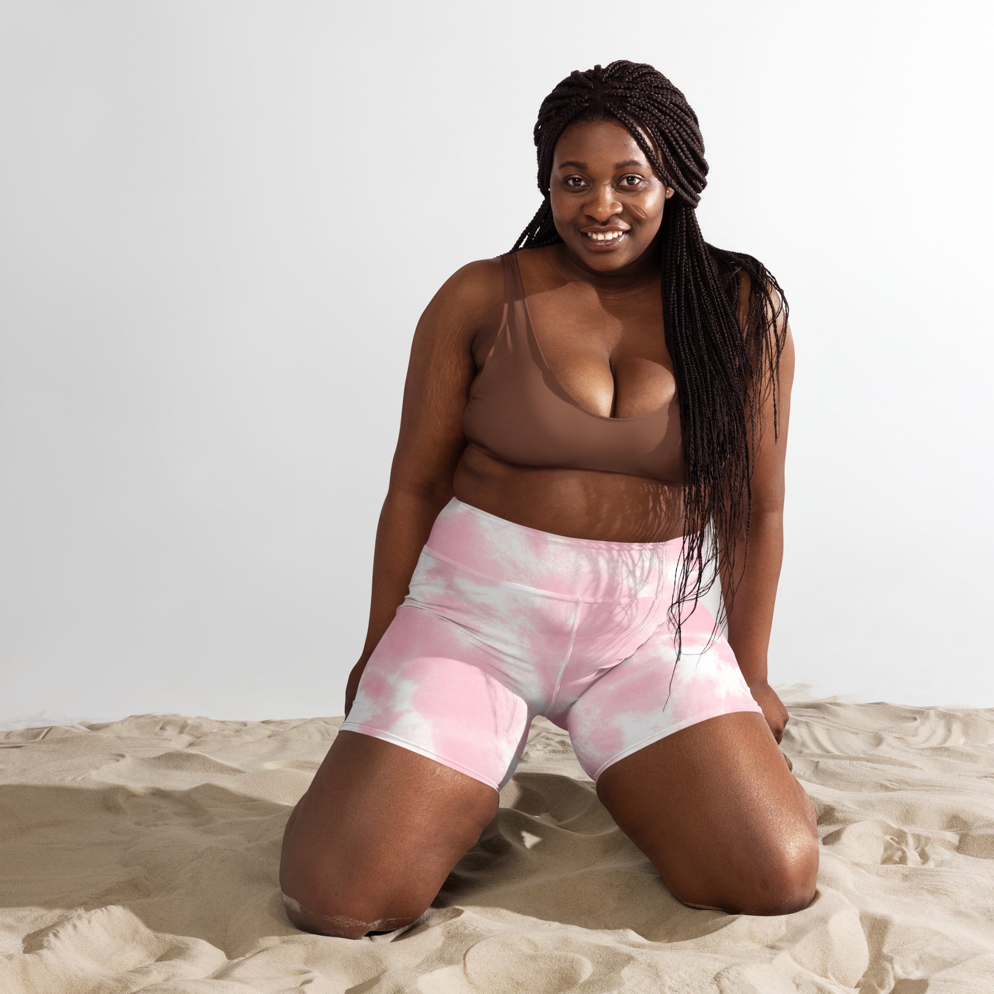 Women’s pink and white tie dye yoga shorts high waisted buttery soft activewear for fitness and casual wear
