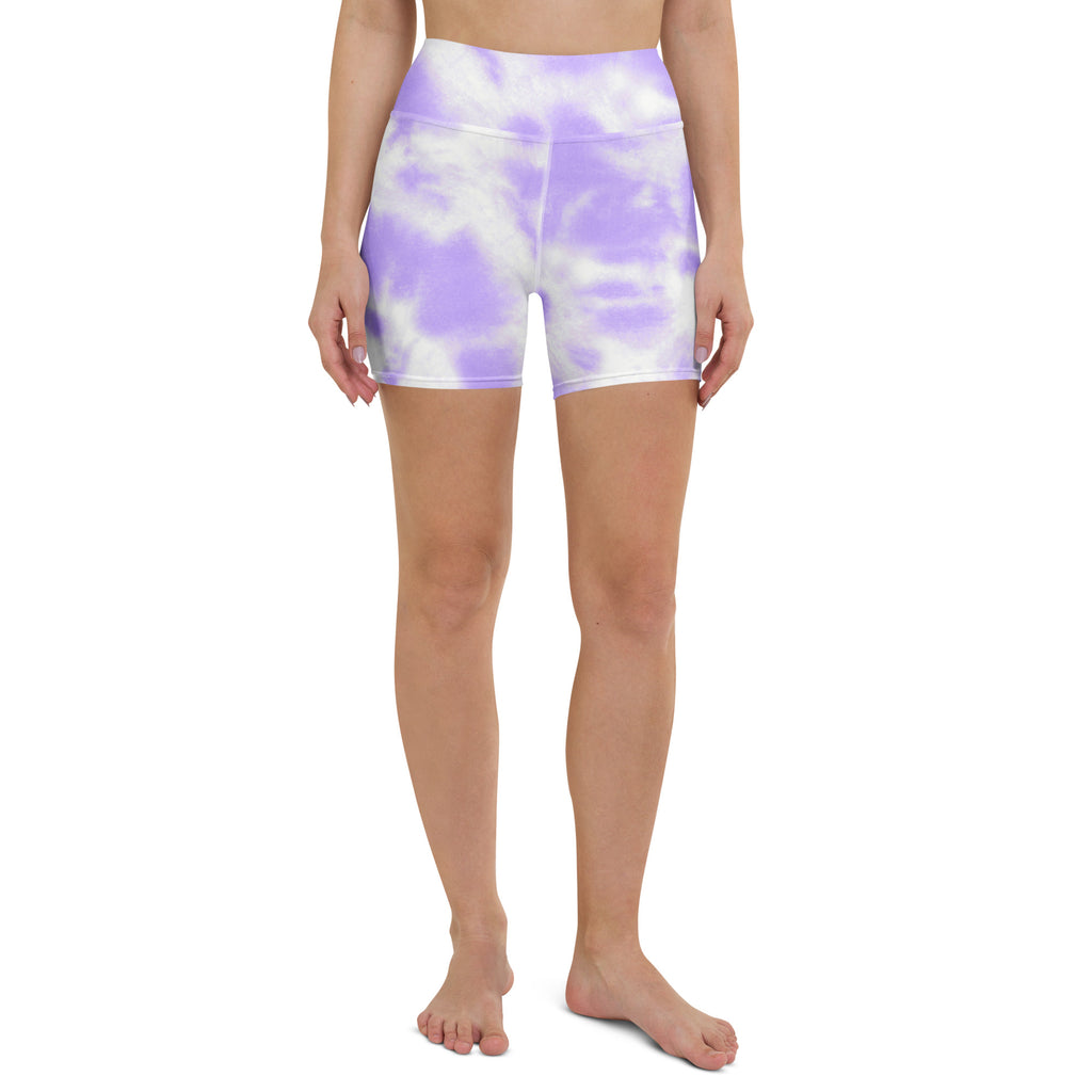 Women’s purple and white tie dye high waisted buttery soft yoga shorts for active wear