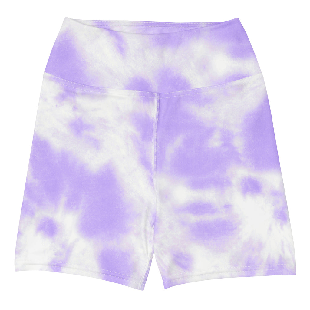 Women’s purple and white tie dye high waisted buttery soft bike shorts for yoga and active wear
