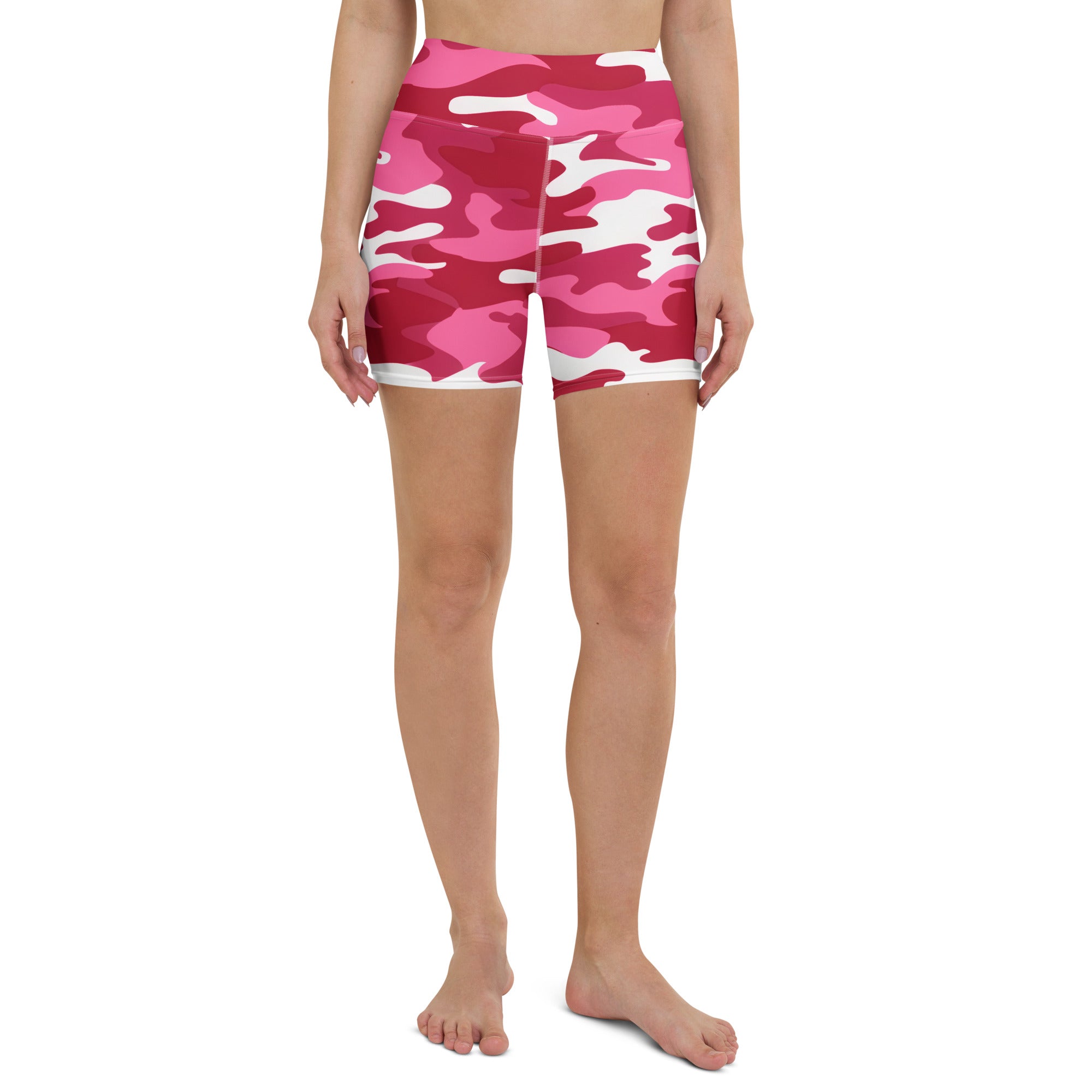 Women’s bright pink and white camouflage high waisted buttery soft yoga shorts for activewear