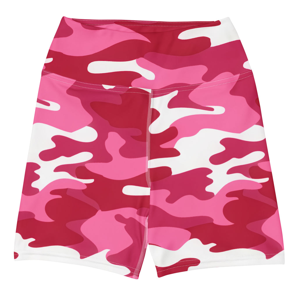Women bright pink and white camouflage high waisted buttery soft yoga shorts designed for active wear