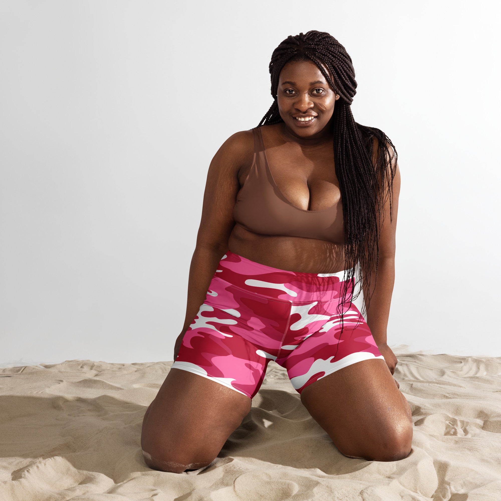 Women’s bright pink and white camouflage high waisted buttery soft yoga shorts for activewear use