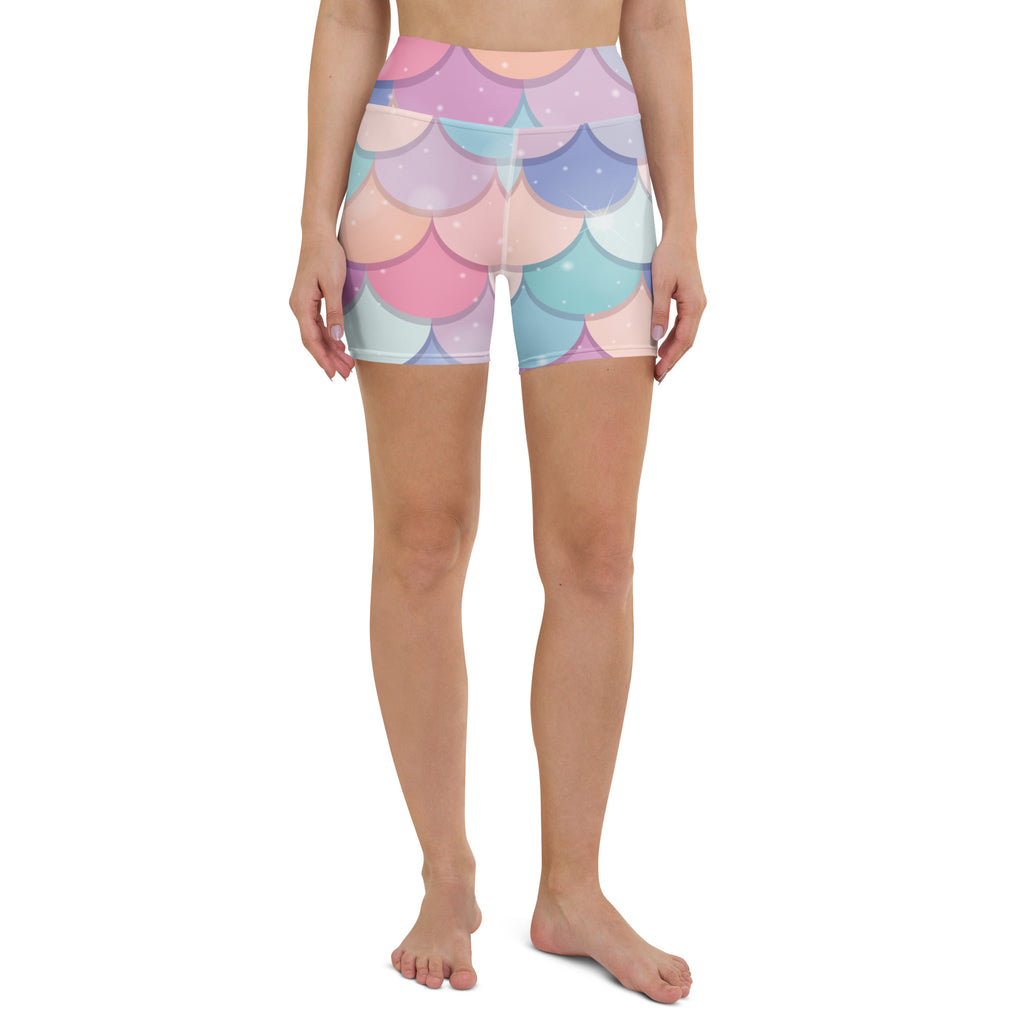 Pastel-colored rainbow mermaid scale high waisted buttery soft yoga shorts for women activewear