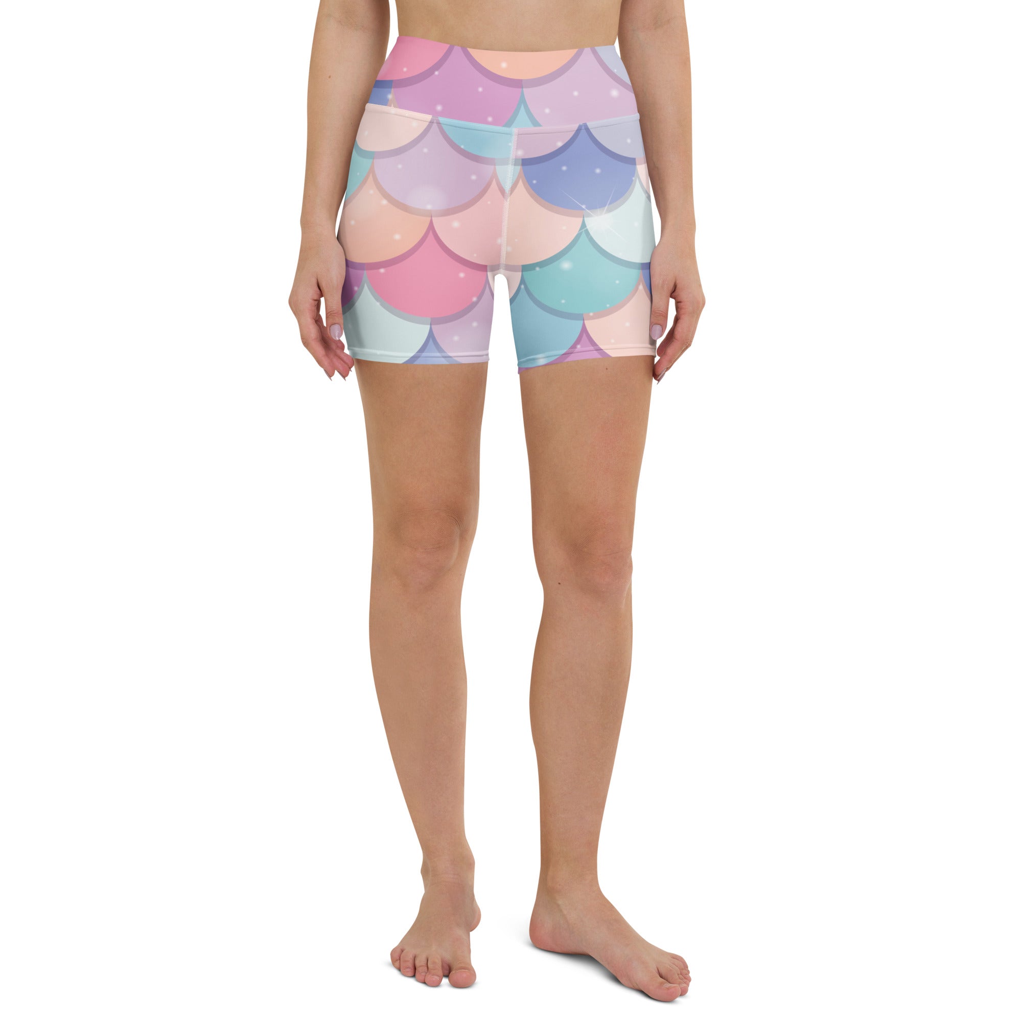 Pastel-colored rainbow mermaid scale high waisted buttery soft yoga shorts for women activewear