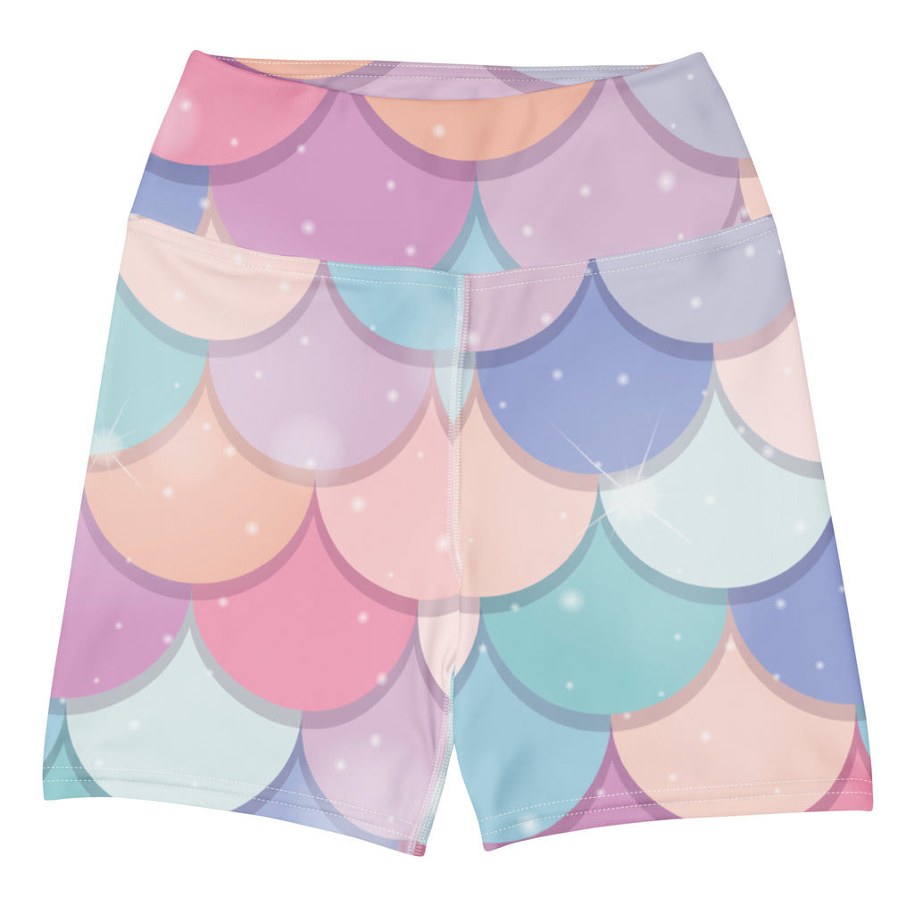Women’s rainbow mermaid yoga shorts with pastel mermaid scale pattern and soft stretchy fabric for activewear