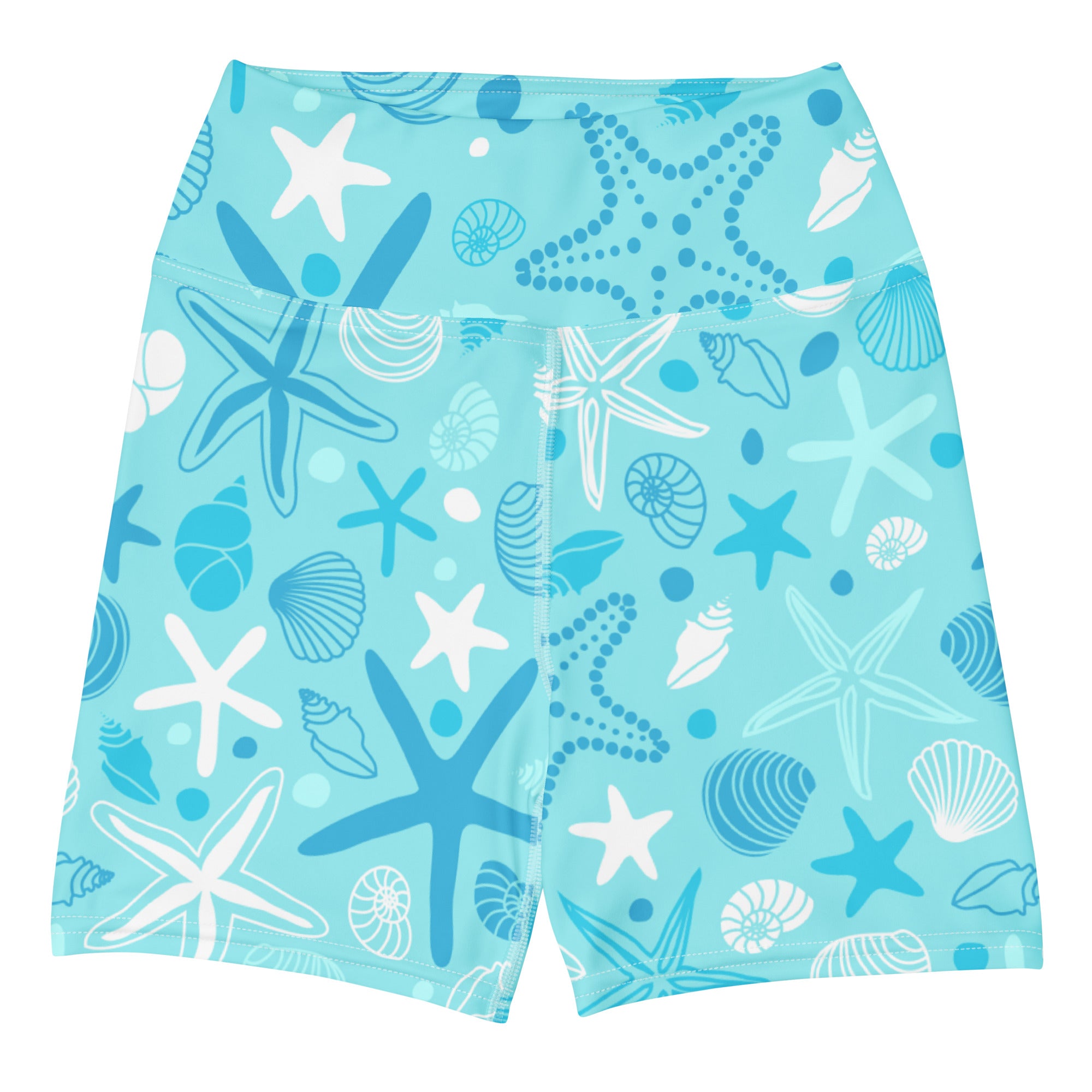 Light blue high waisted buttery soft women’s yoga shorts with playful white and dark blue starfish and shells pattern