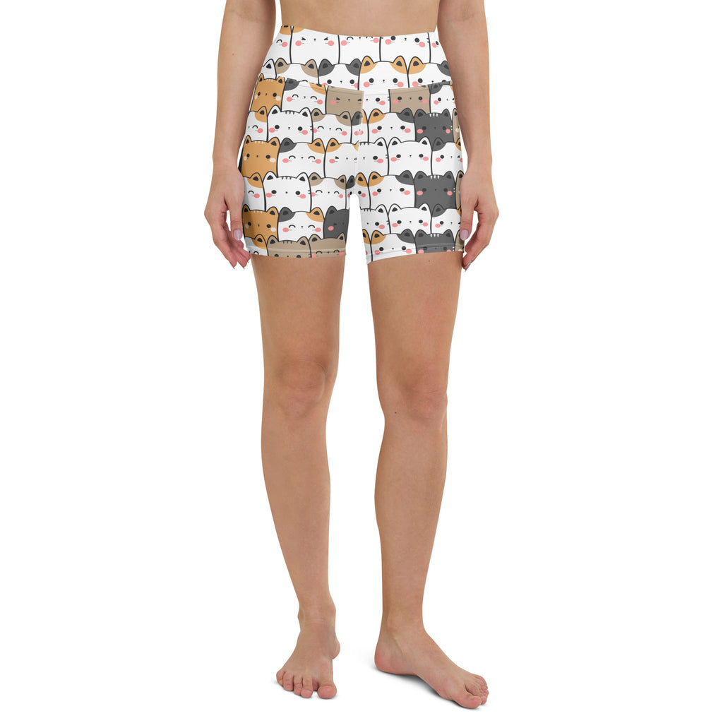 White high waisted buttery soft yoga shorts with playful cartoon cats in black white gray and orange colors