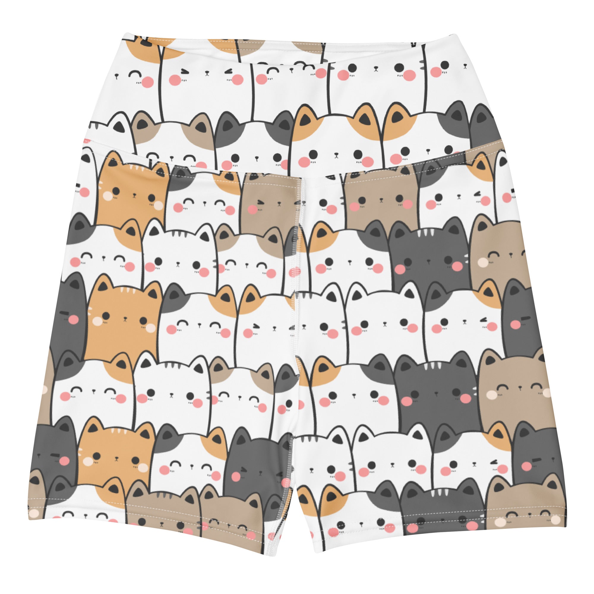Women’s kawaii cat yoga shorts white high waisted buttery soft fabric with colorful cartoon cat pattern