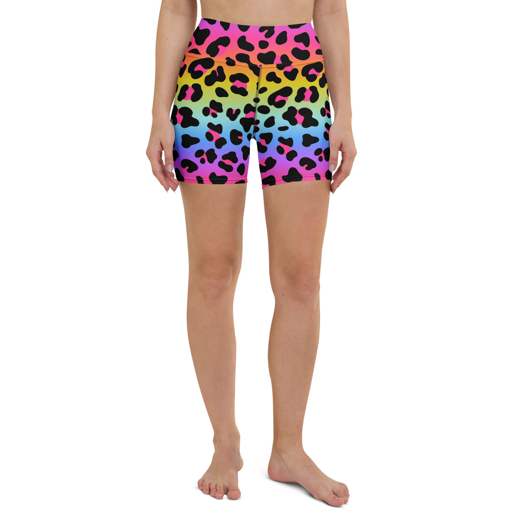 Women’s high waisted buttery soft yoga shorts in vibrant rainbow leopard print ideal for active wear