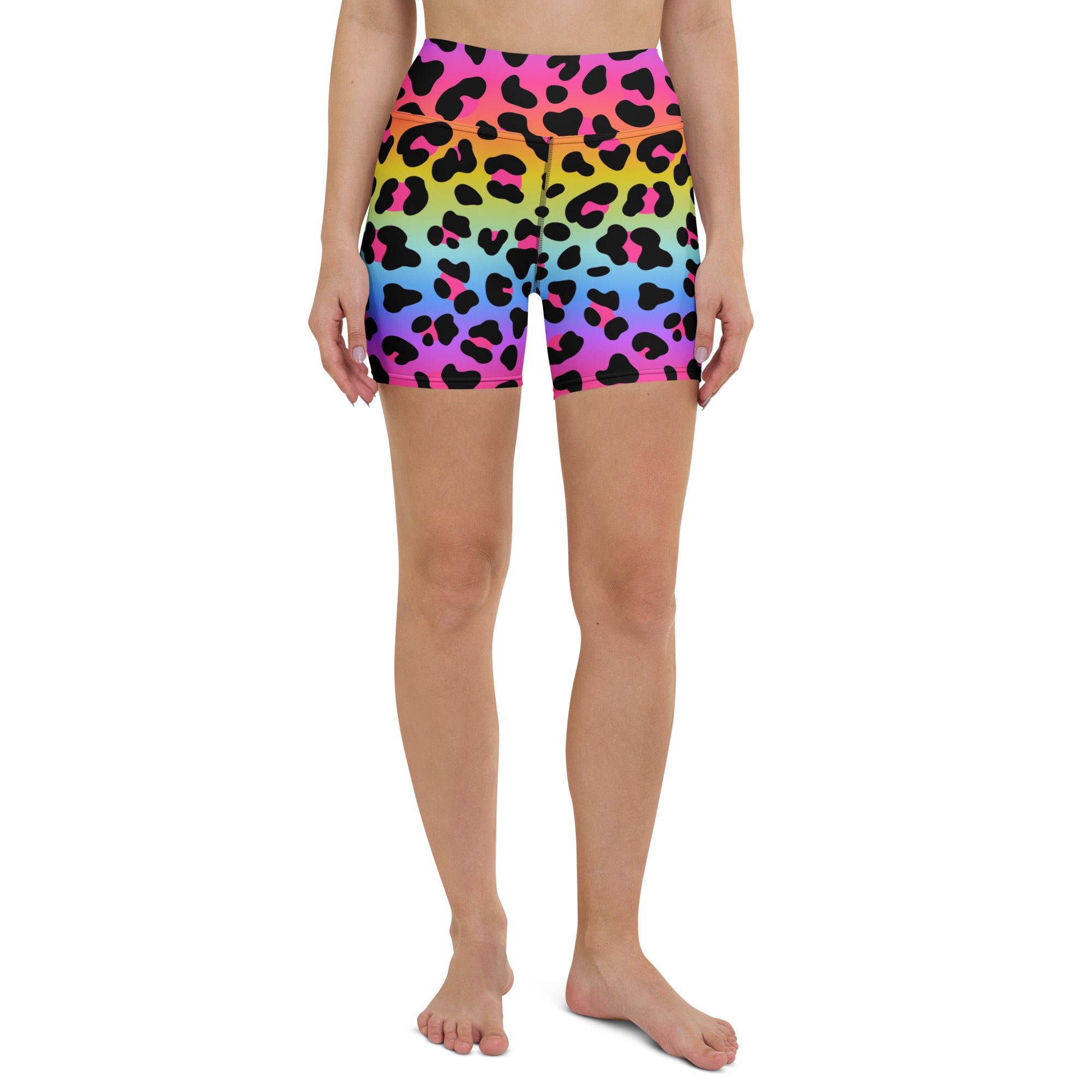 Women’s high waisted buttery soft yoga shorts in vibrant rainbow leopard print ideal for active wear