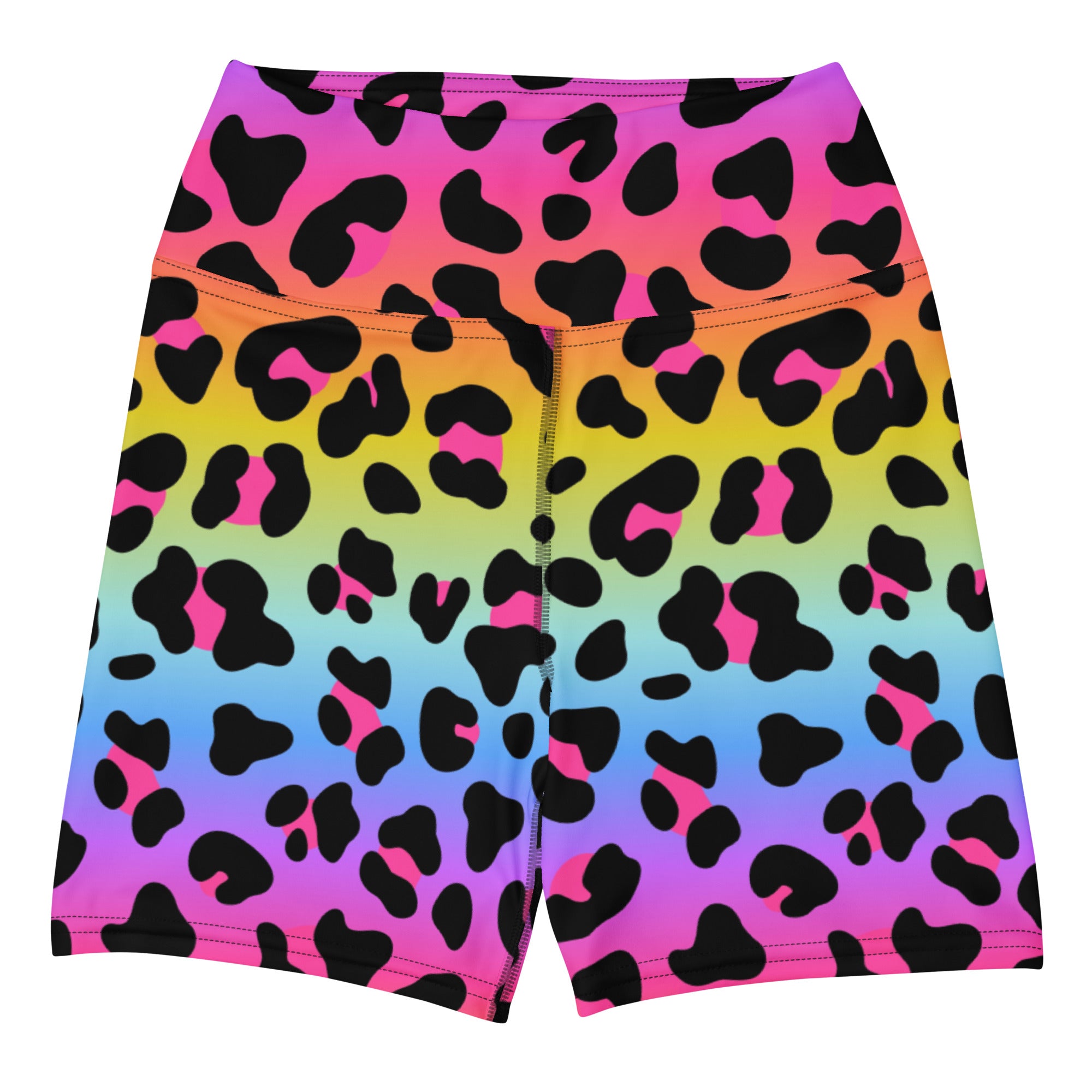 Women’s rainbow leopard print high waisted buttery soft yoga shorts in vibrant gradient colors for active wear