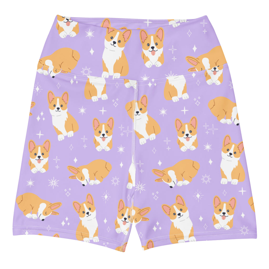 Women’s purple high waisted buttery soft yoga shorts with orange and white corgi pattern and sparkly star accents