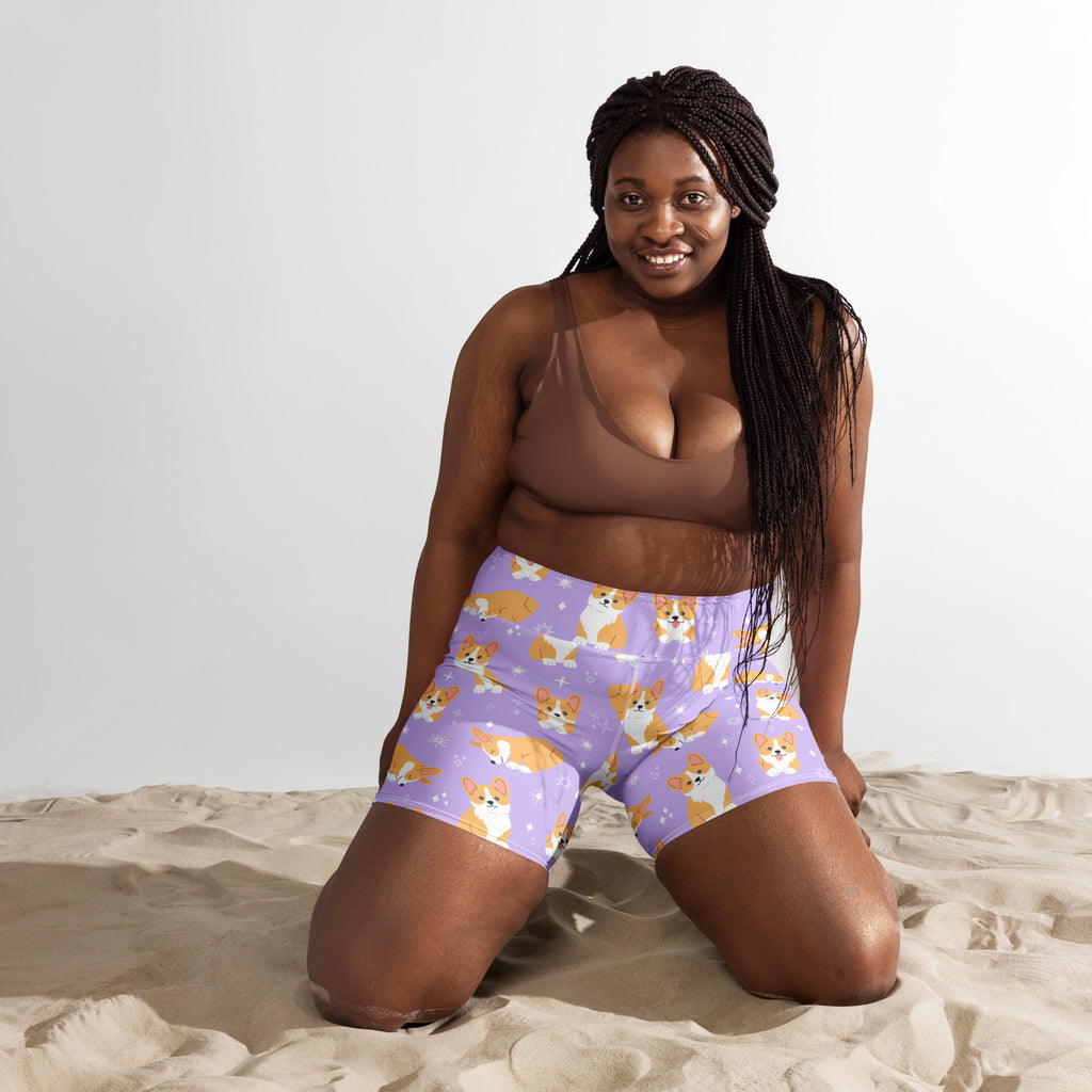 Women’s purple corgi dog yoga shorts high waisted buttery soft lavender fabric with orange and white corgi pattern