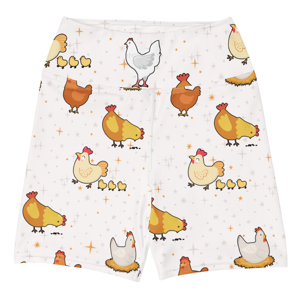 Women’s white high waisted buttery soft chicken yoga shorts with colorful cartoon chicken and chick patterns