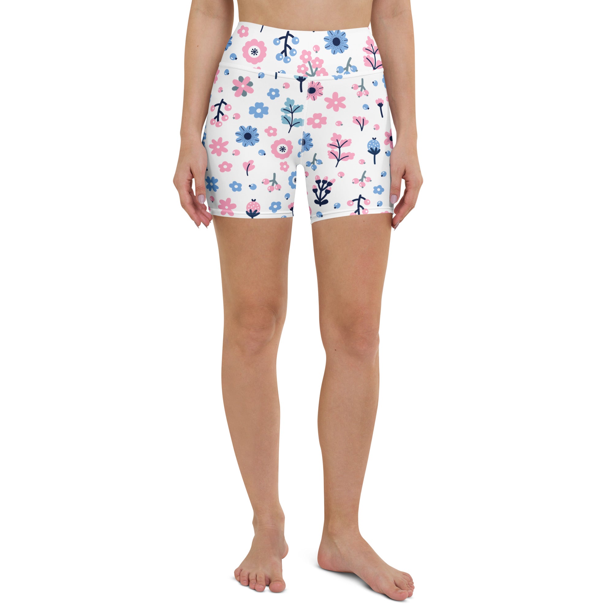 White high waisted buttery soft women’s yoga shorts with pink and blue flowers and black stems floral pattern