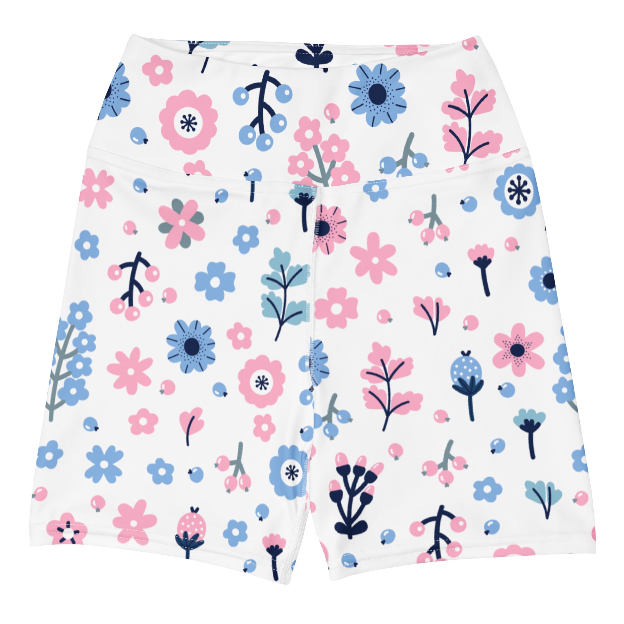Women’s high waisted buttery soft white yoga shorts with playful pink and blue floral pattern and green accents