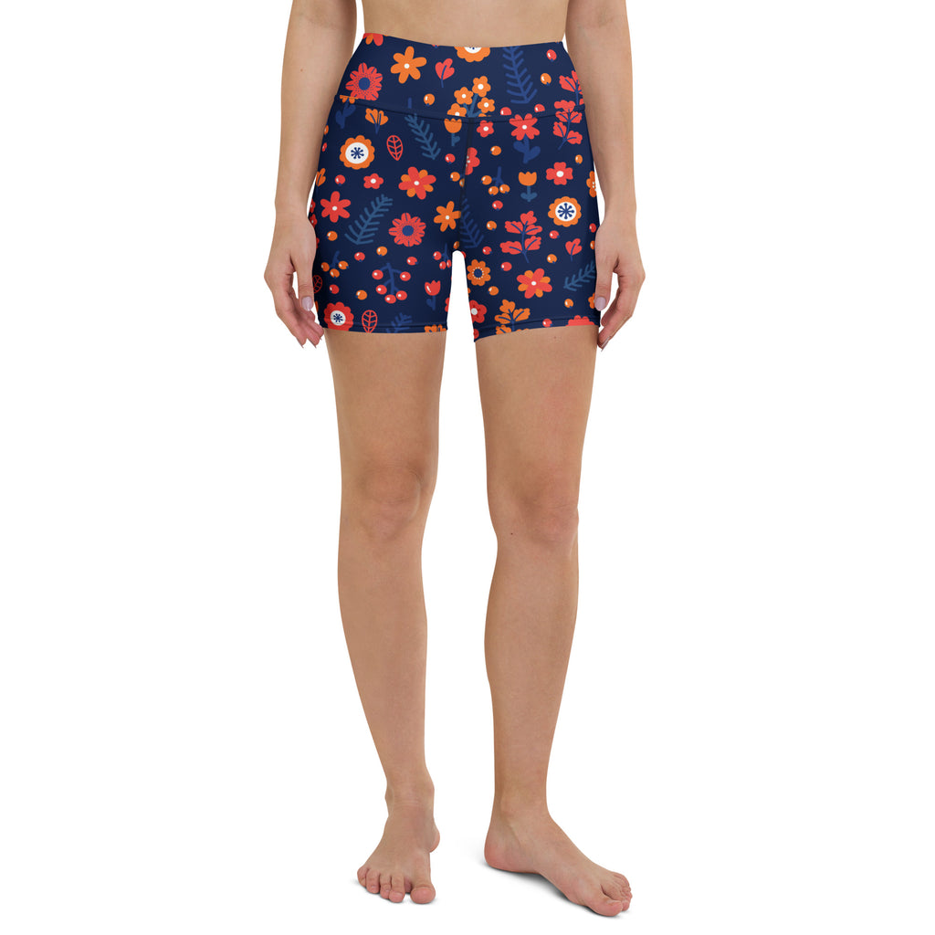 Women’s navy floral yoga shorts high waisted buttery soft active pants with orange and red blossoms and green leaves