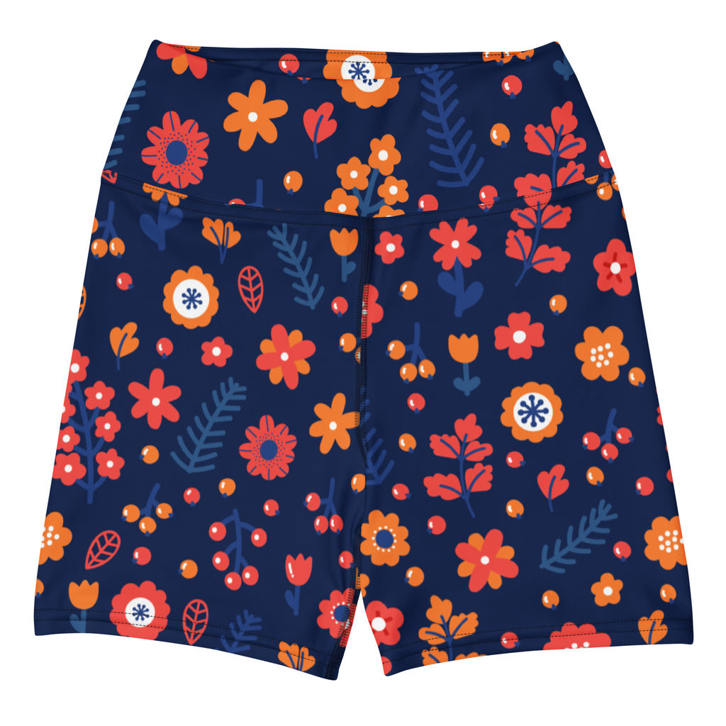 Women’s navy floral yoga shorts with high waisted buttery soft fabric featuring vibrant orange red blossoms and white details