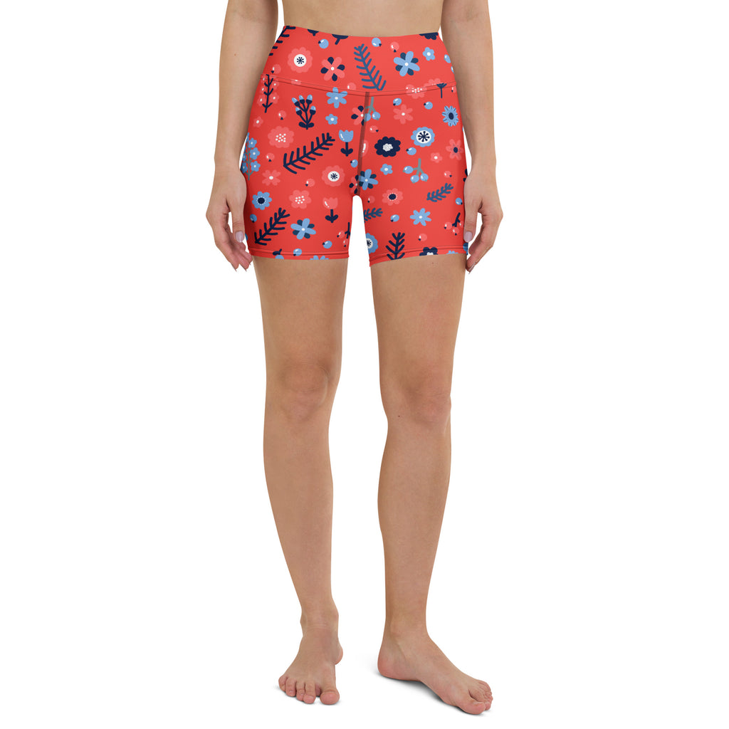 Women’s high waisted buttery soft yoga shorts in red floral with blue and navy accents for active wear