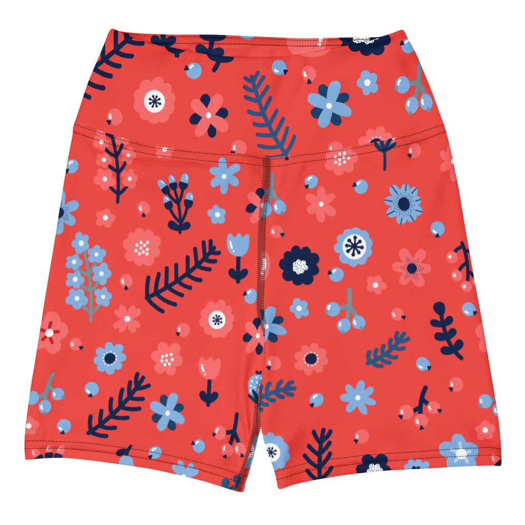 Women’s high waisted buttery soft coral yoga shorts with vibrant blue pink and navy floral pattern for activewear