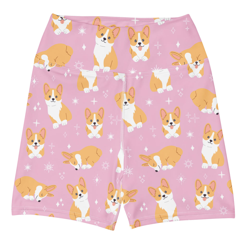 Women’s pink high waisted buttery soft yoga shorts with playful tan and white corgi pattern and starbursts