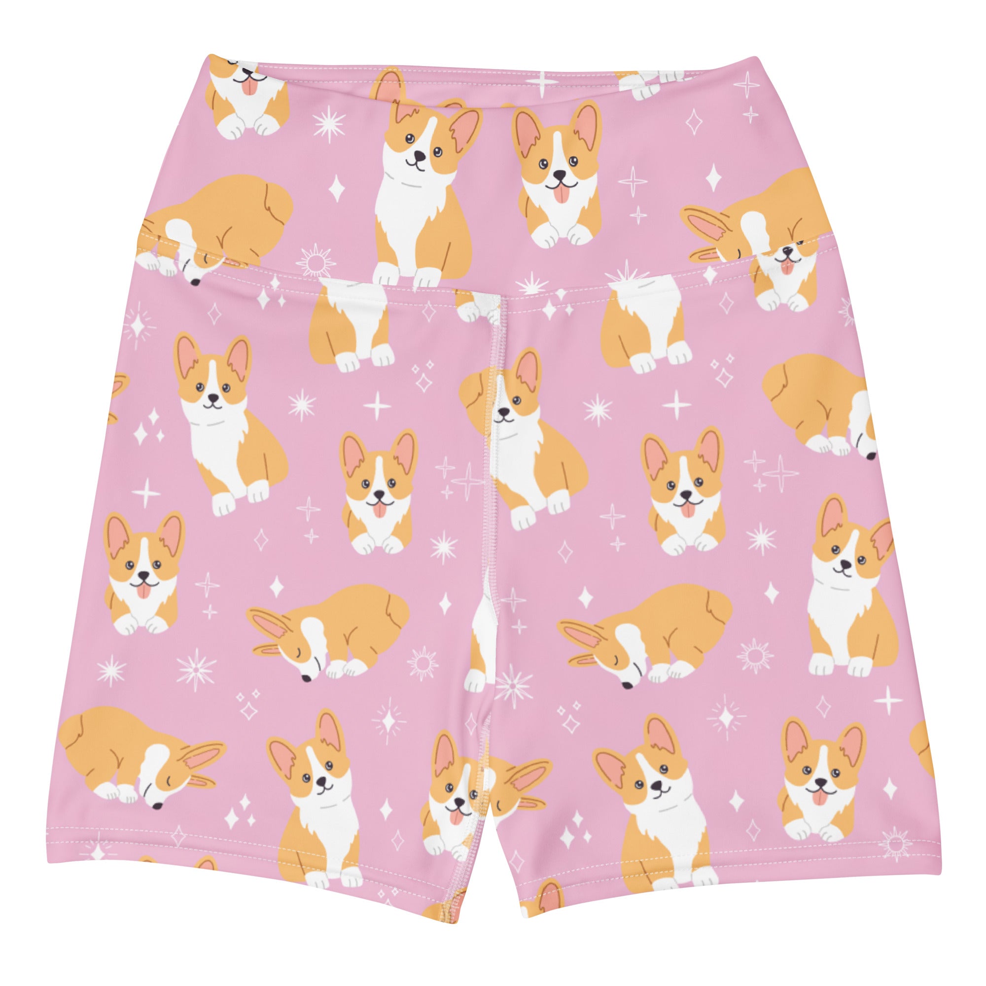 Women’s pink high waisted buttery soft yoga shorts with playful tan and white corgi pattern and starbursts