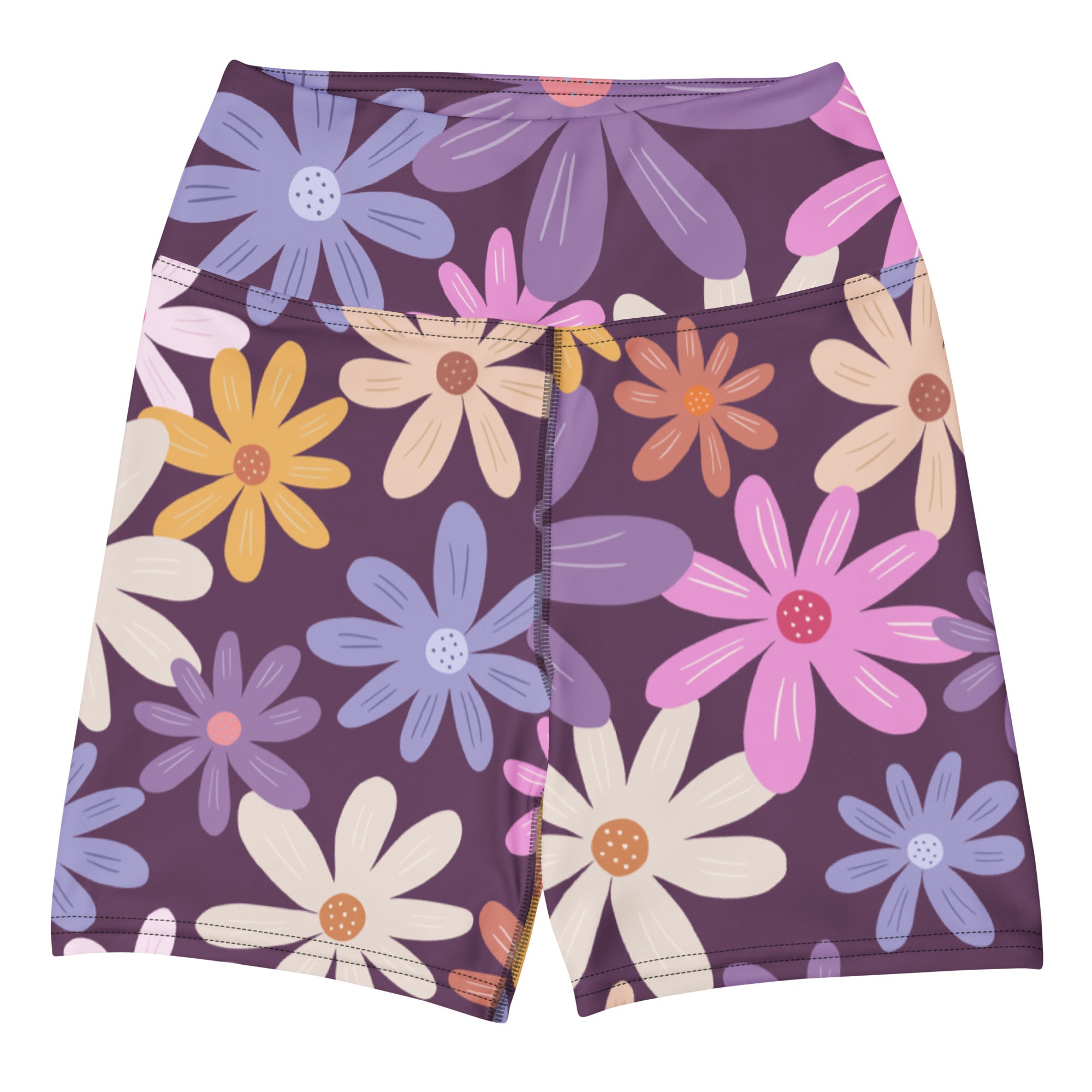 Women’s purple floral yoga shorts with vibrant multicolored daisy pattern high waisted buttery soft active pants