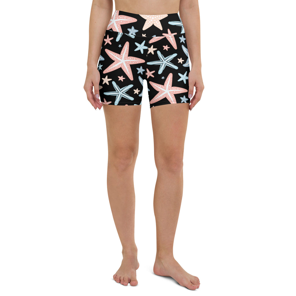 Women’s starfish yoga shorts high waisted black buttery soft fabric with pink and light blue starfish pattern