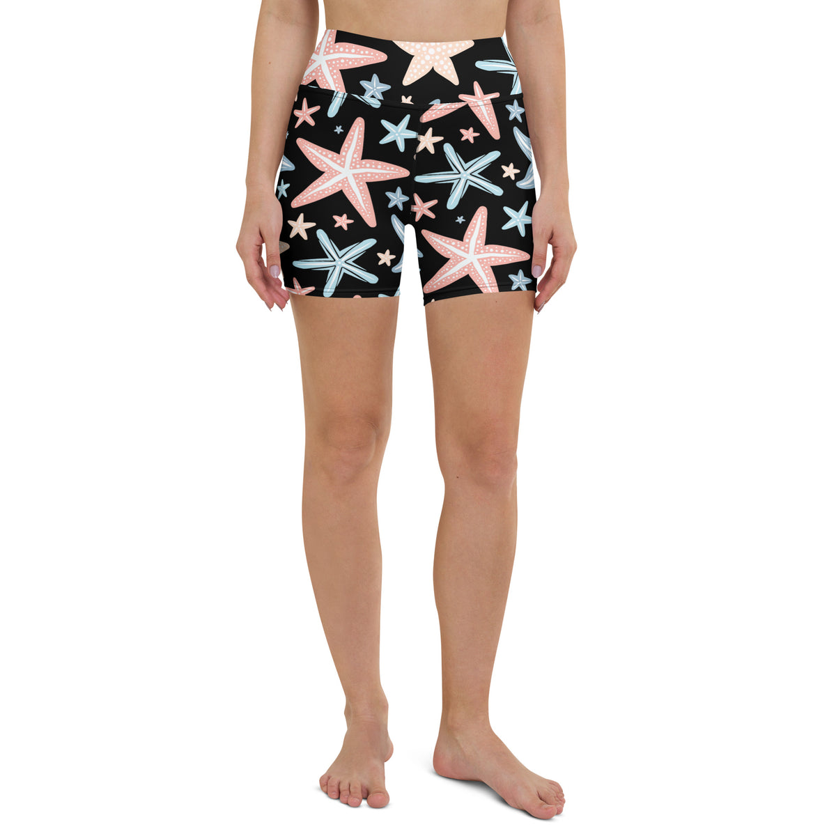 Women’s starfish yoga shorts high waisted black buttery soft fabric with pink and light blue starfish pattern