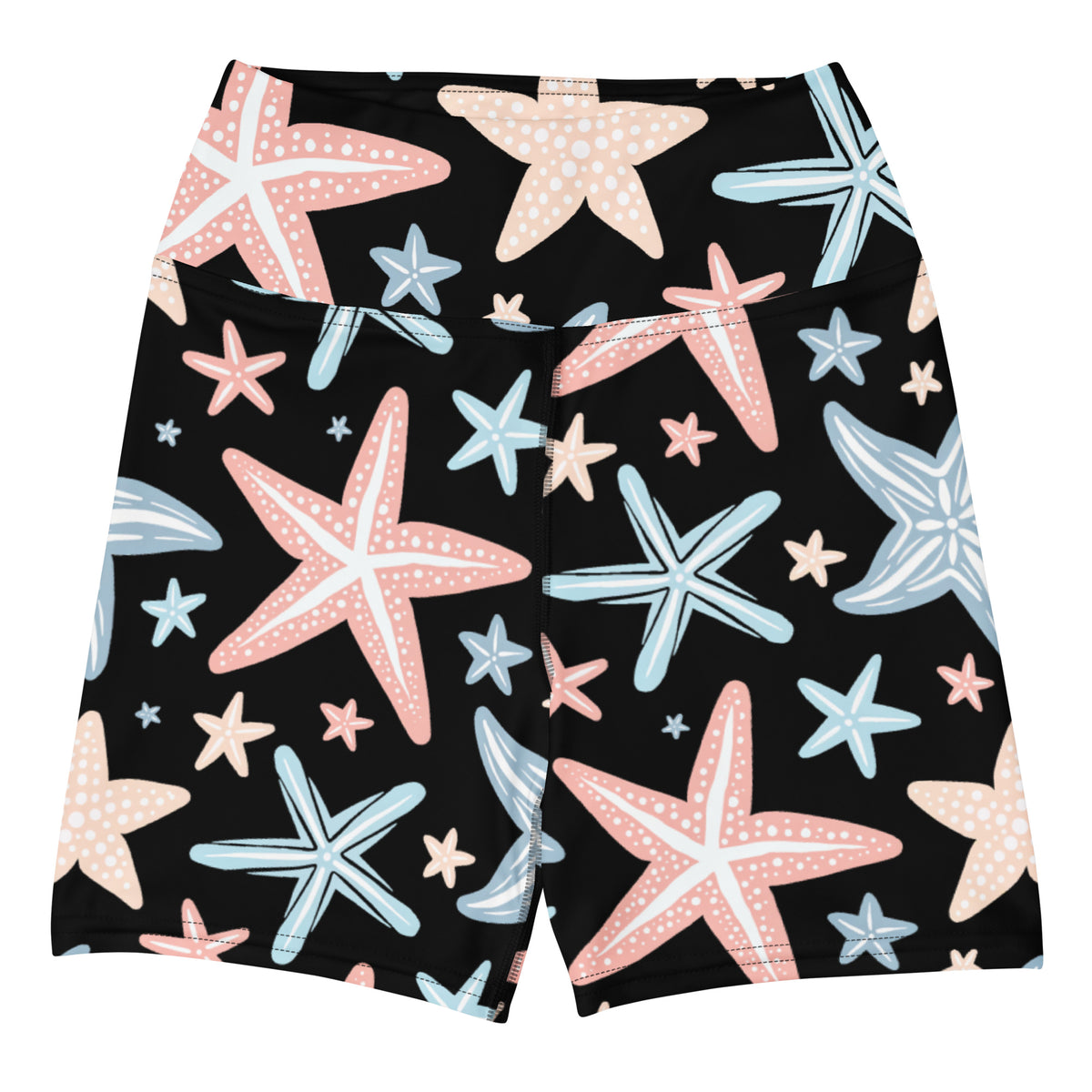 Women’s high waisted buttery soft black yoga shorts with playful pink light blue and beige starfish pattern
