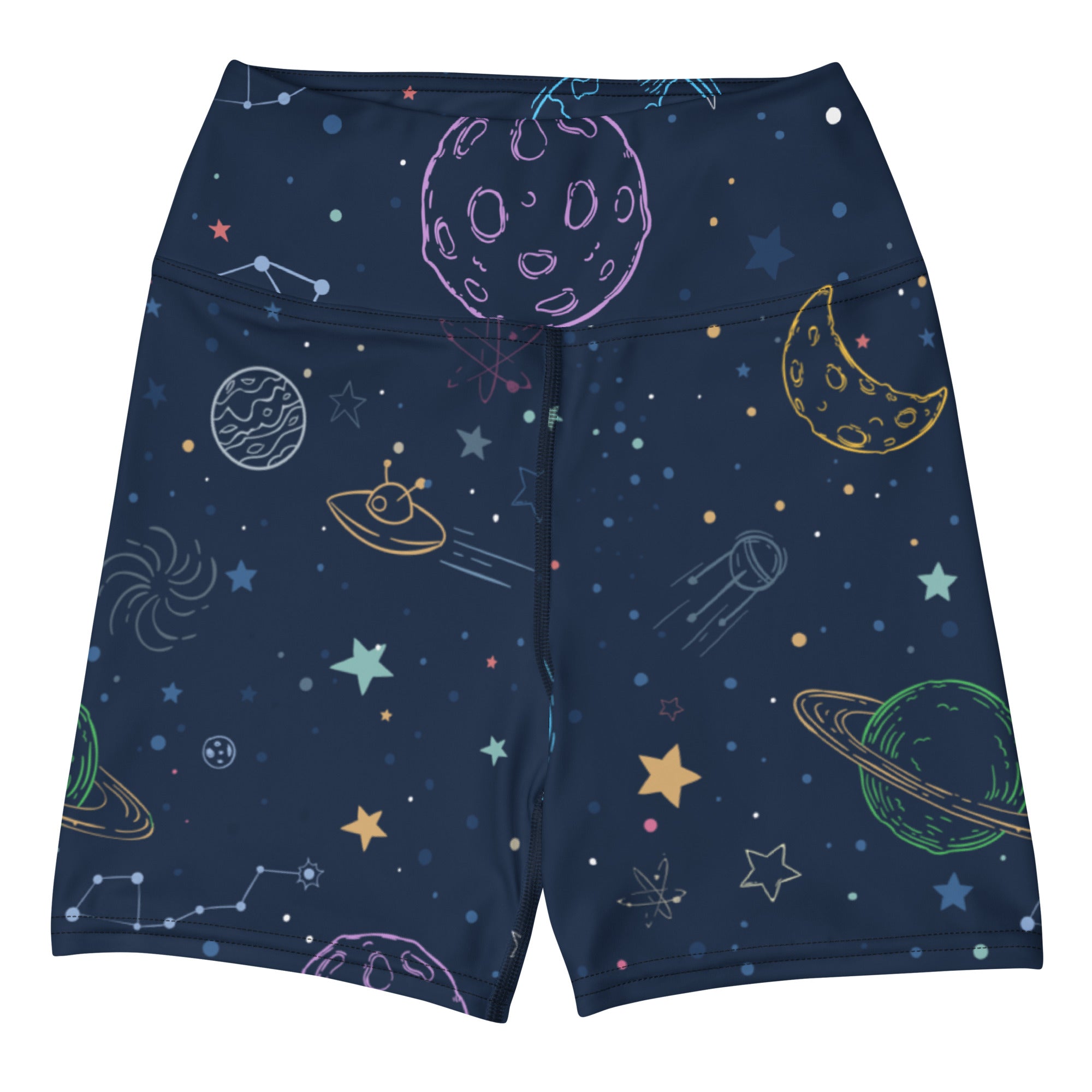 Dark blue high waisted buttery soft women’s yoga shorts with vibrant pastel cosmic planets stars and constellations design