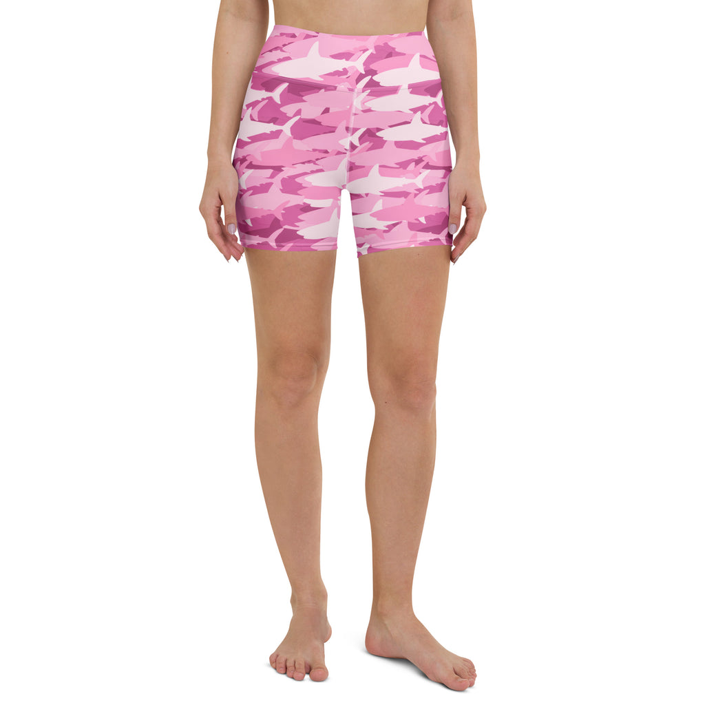 Women’s pink and white shark camouflage high waisted buttery soft yoga shorts for activewear
