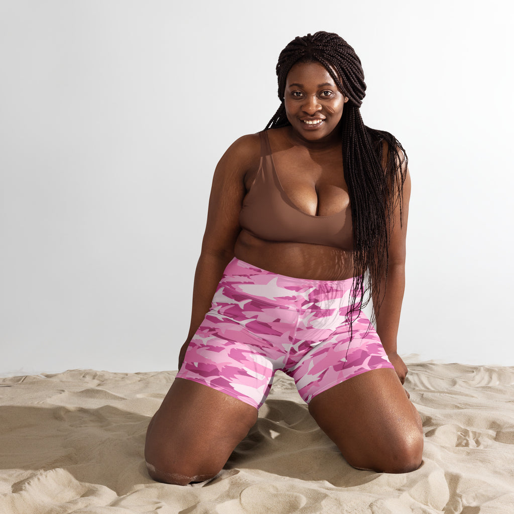 Women’s pink and white camouflage high waisted buttery soft yoga shorts designed for active wear