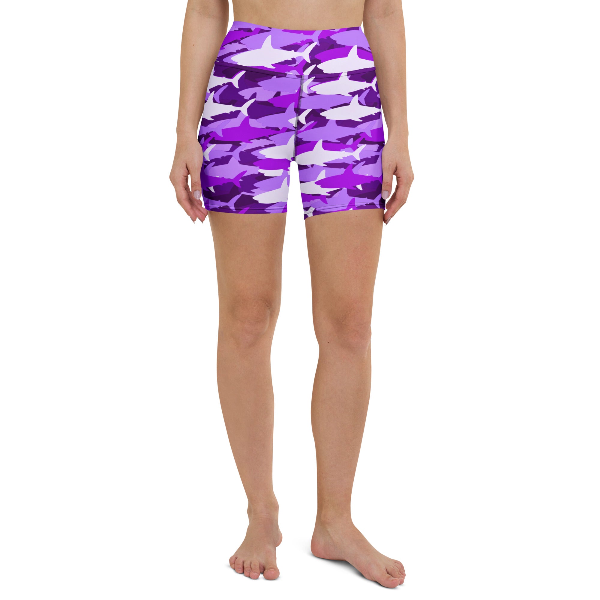 Women’s purple and white shark-patterned high waisted buttery soft yoga shorts for active wear