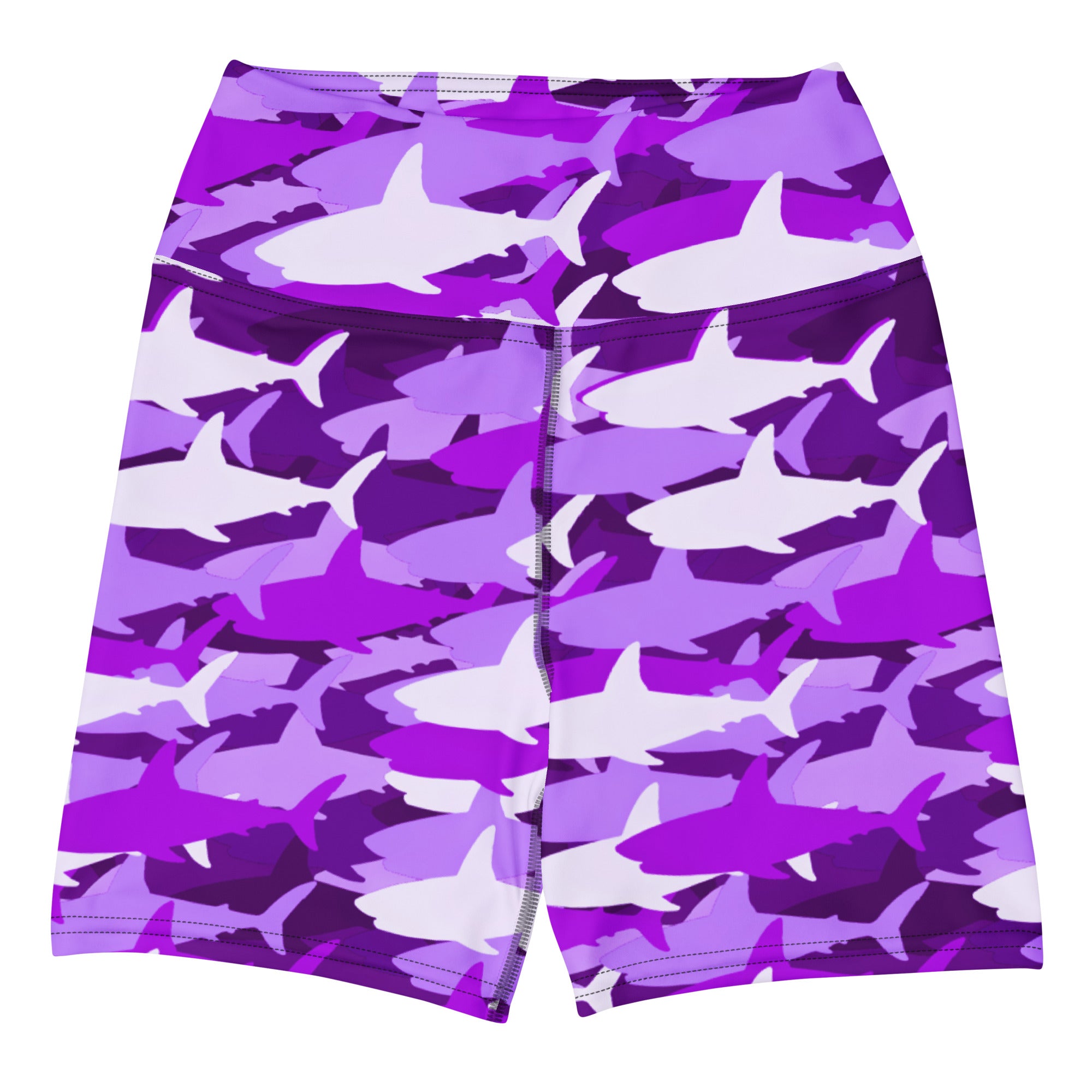 Women’s purple and white high waisted shark camouflage yoga shorts made from buttery soft fabric for active wear