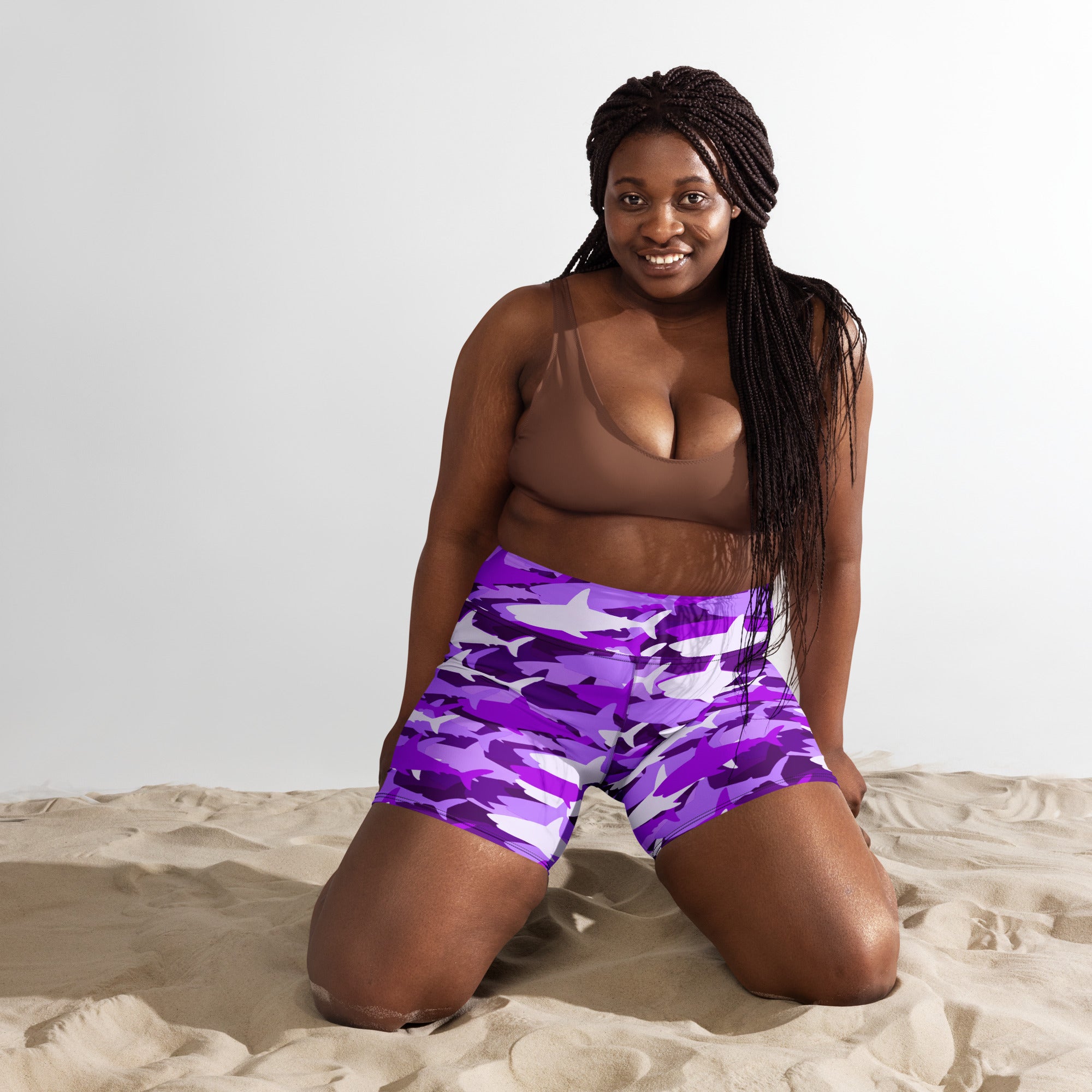 Women’s purple and white shark camouflage high waisted buttery soft yoga shorts for active wear