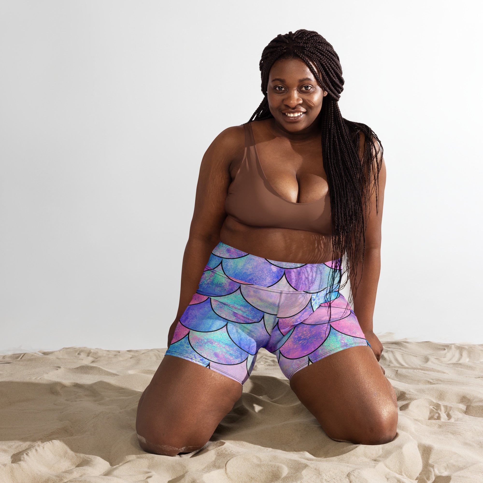 Women’s Pastel Mermaid Yoga Shorts – High Waisted Buttery Soft Active Pants