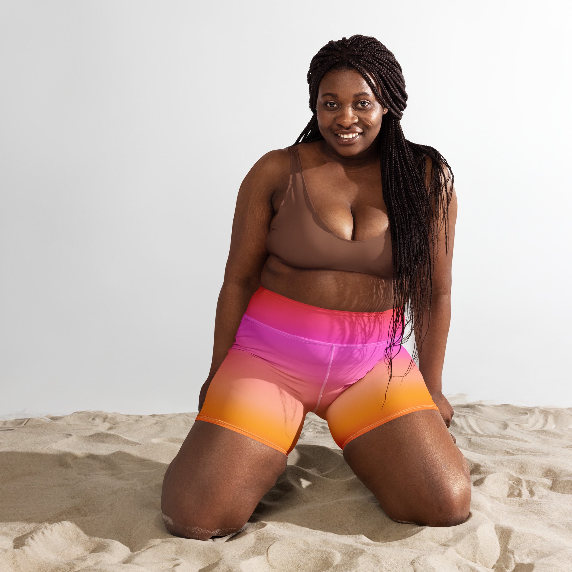 Women’s Sunset Ombre Yoga Shorts – High Waisted Buttery Soft Active Pants