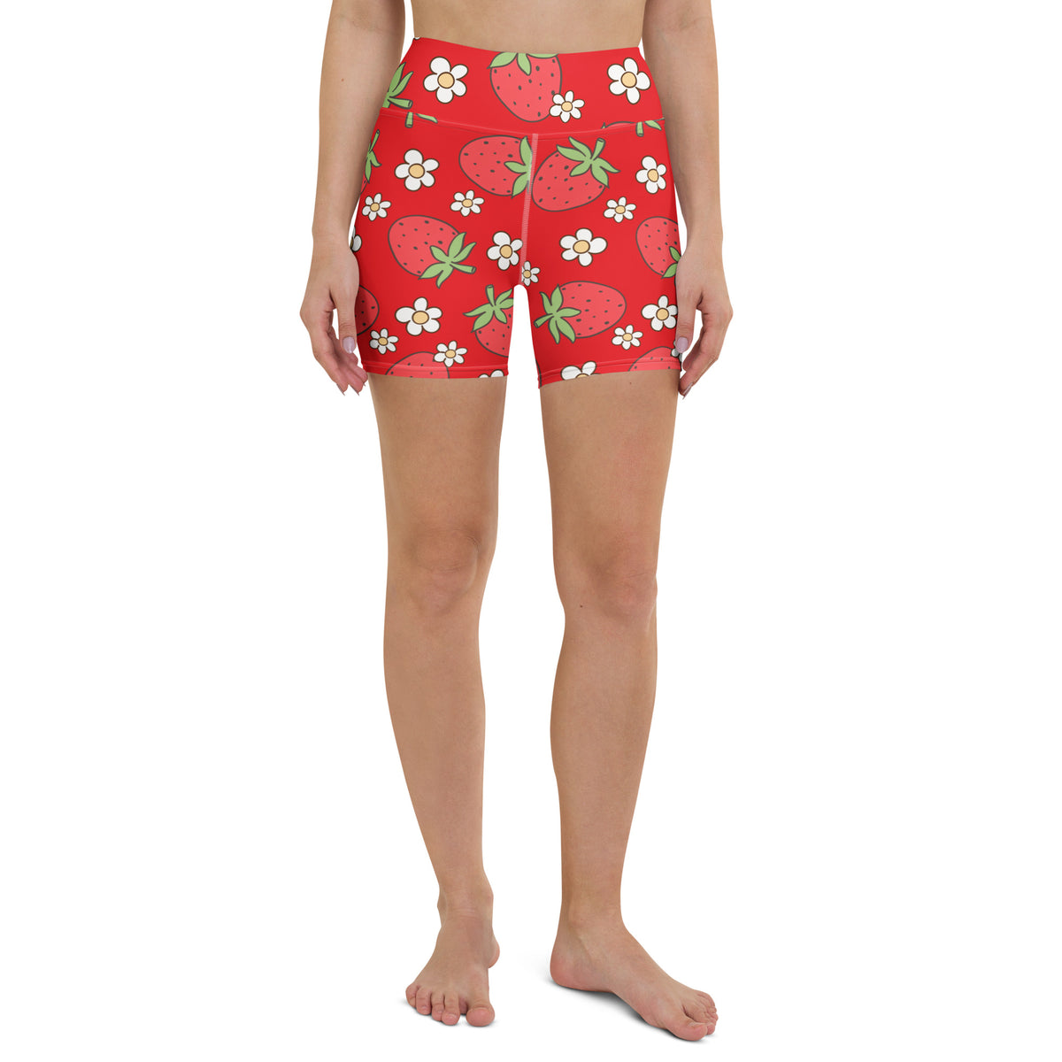 Women’s red high waisted buttery soft yoga shorts with a playful strawberry and white flower pattern