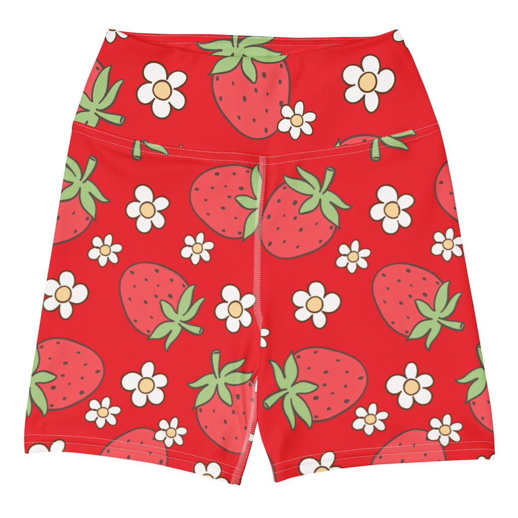 Women’s high waisted buttery soft red yoga shorts with playful cartoon strawberries and white daisies pattern