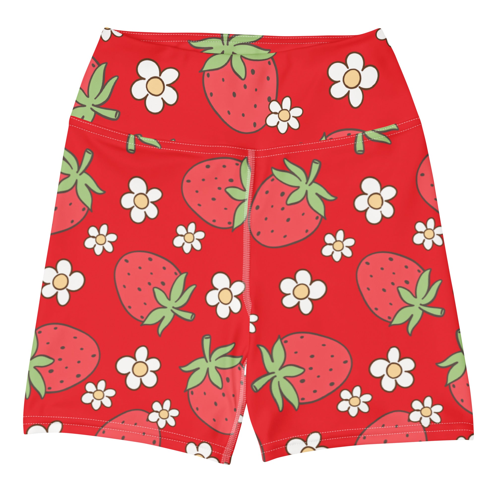 Women’s high waisted buttery soft red yoga shorts with playful cartoon strawberries and white daisies pattern