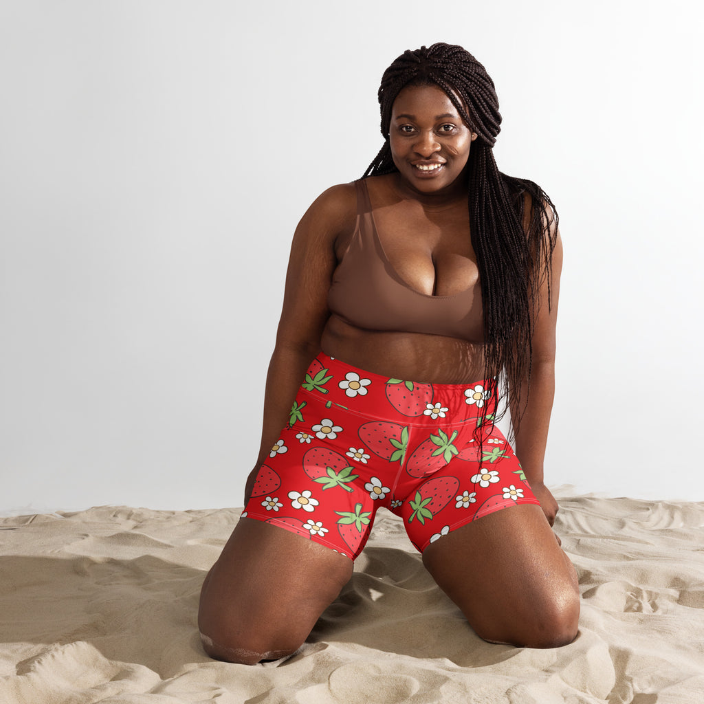Women’s high waisted buttery soft active yoga shorts in red strawberry and white floral pattern
