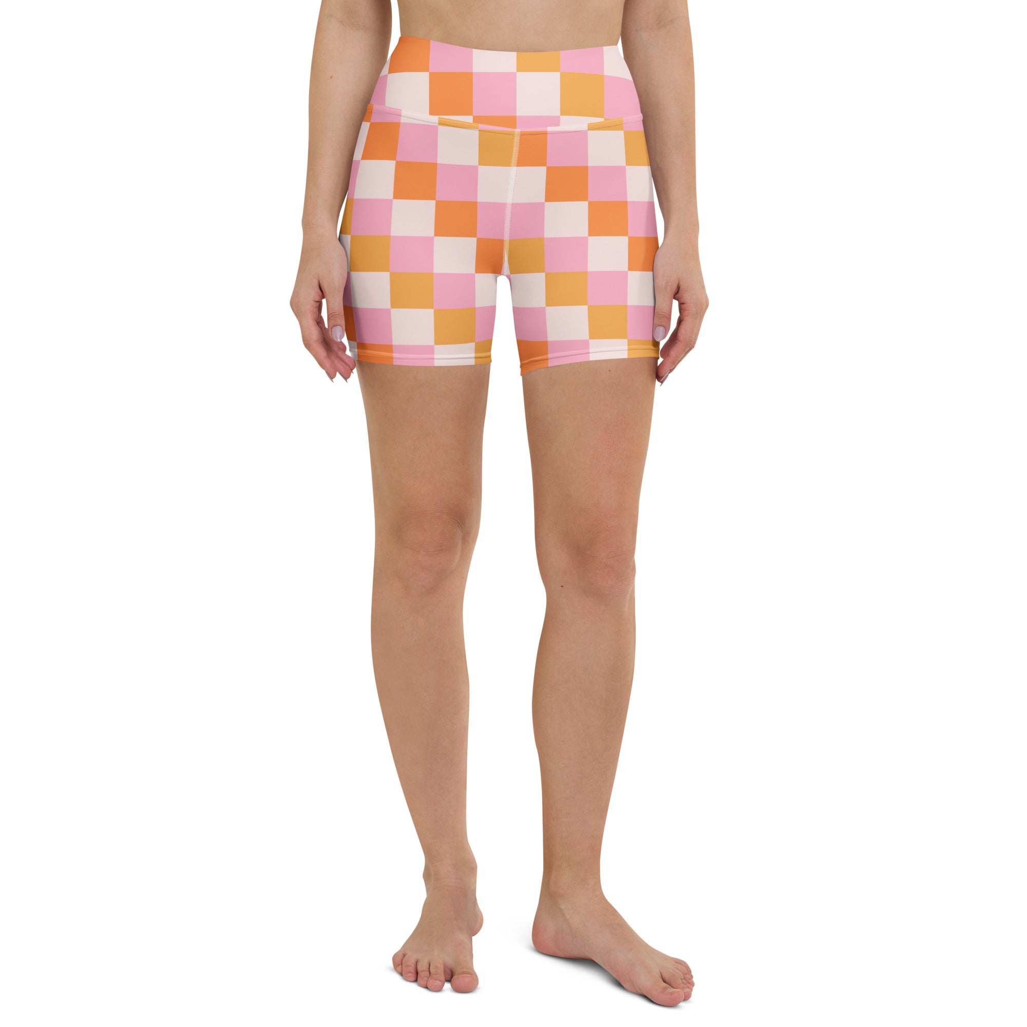 Women pink and orange checkered high waisted buttery soft yoga shorts for active wear front view