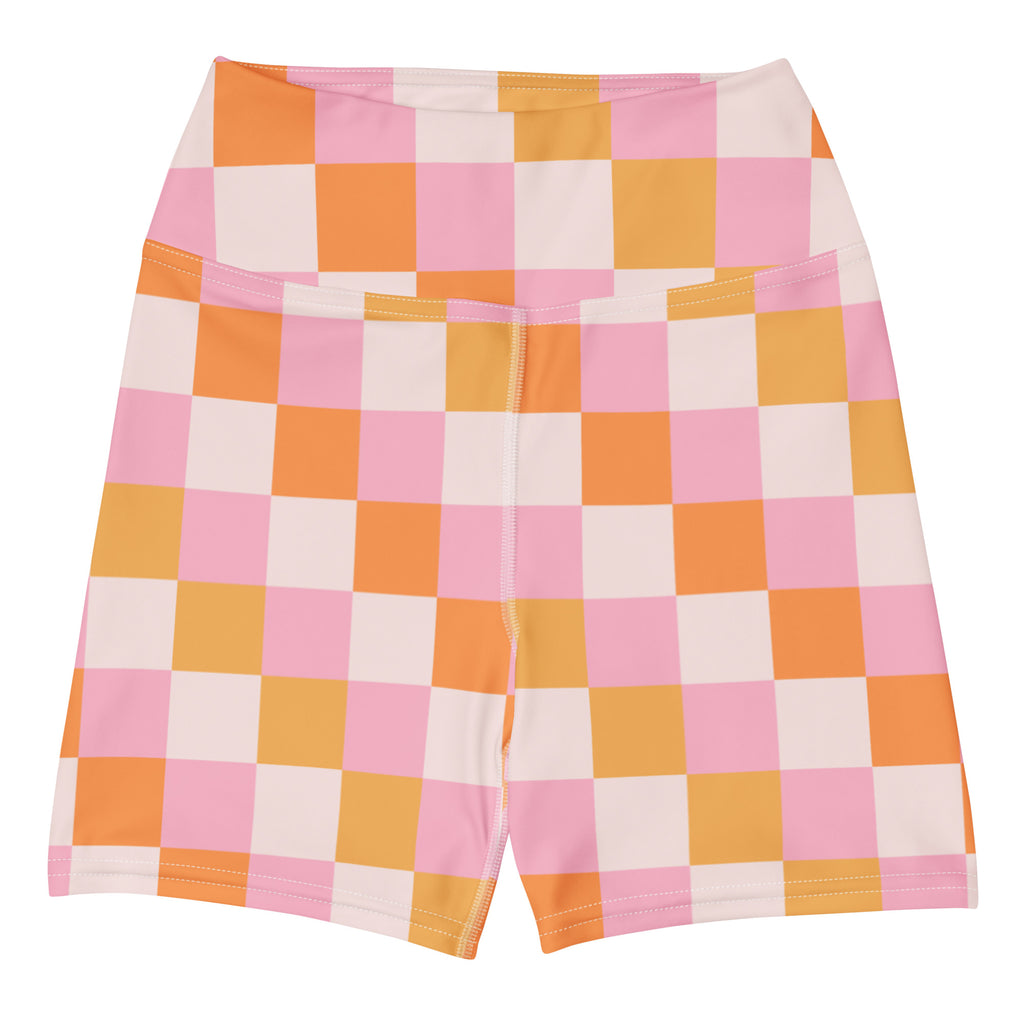 Women’s pink and orange checkered high waisted buttery soft yoga shorts for active wear