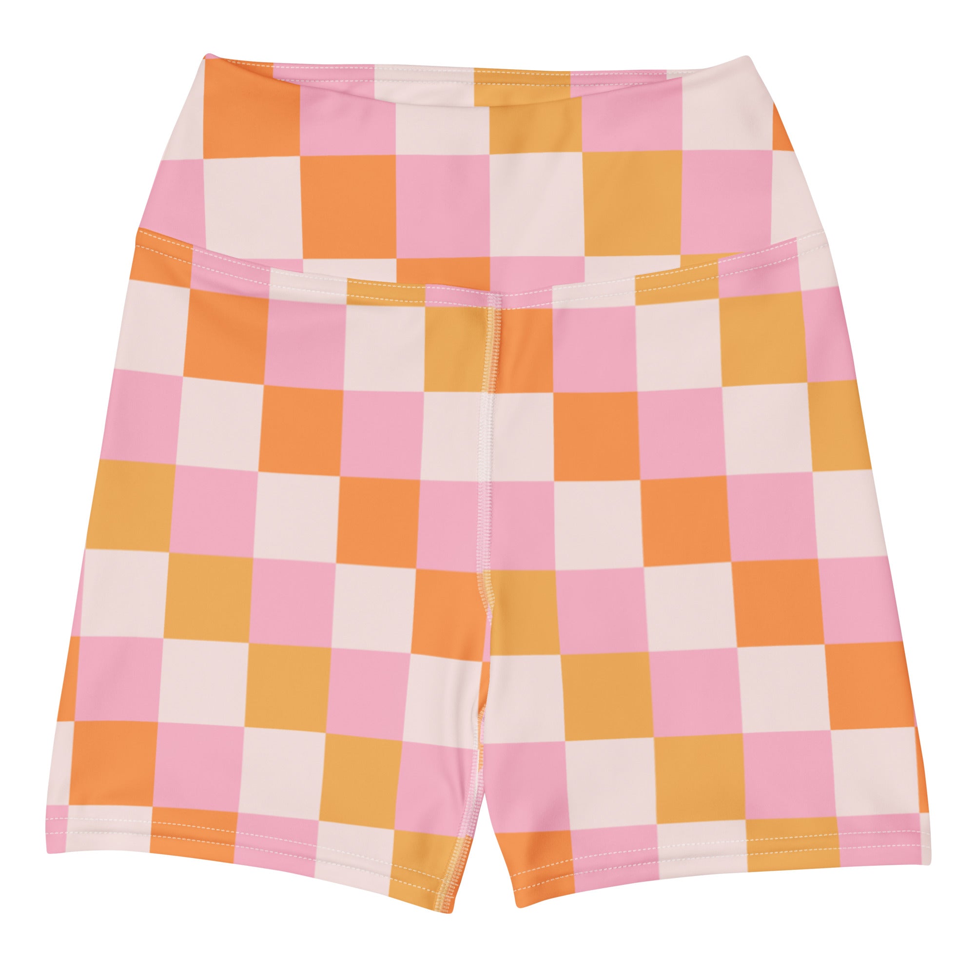 Women’s pink and orange checkered high waisted buttery soft yoga shorts for active wear