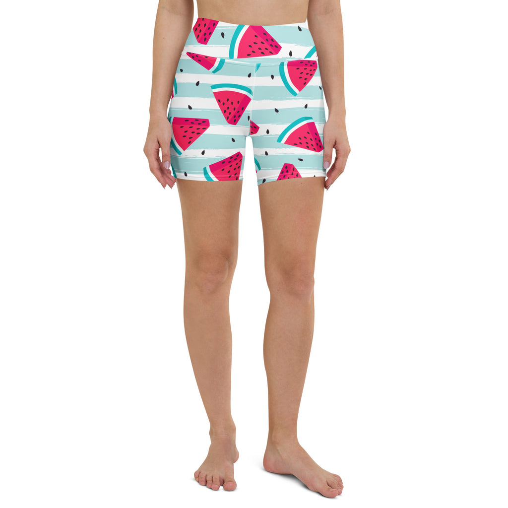 Women’s high waisted watermelon stripe yoga shorts in stretchy buttery soft fabric with mint green and white stripes