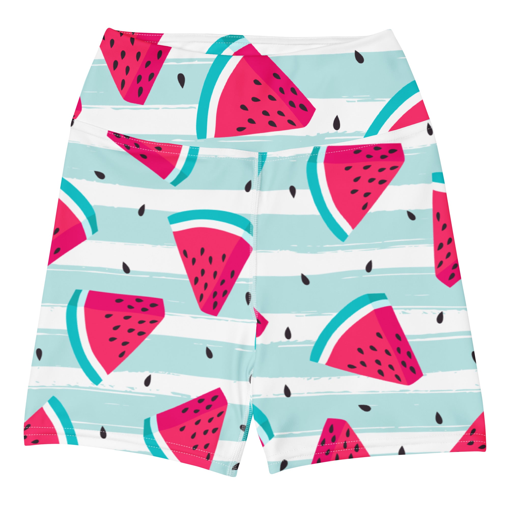 Women’s watermelon stripe high waisted buttery soft yoga shorts with vibrant pink and teal pattern on striped background